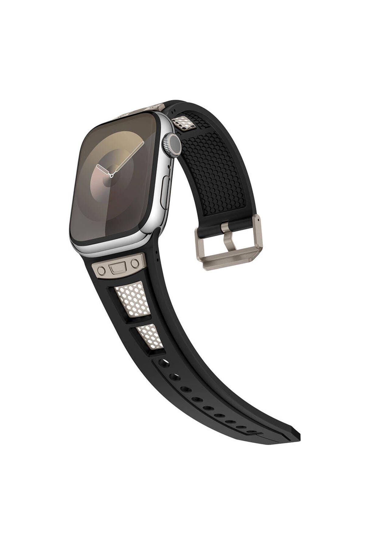 Watch 44mm KRD-117 Uyumlu Hava Alabilen Delikli Metal Süslemeli Desenli Silikon Kordon-Titanyum