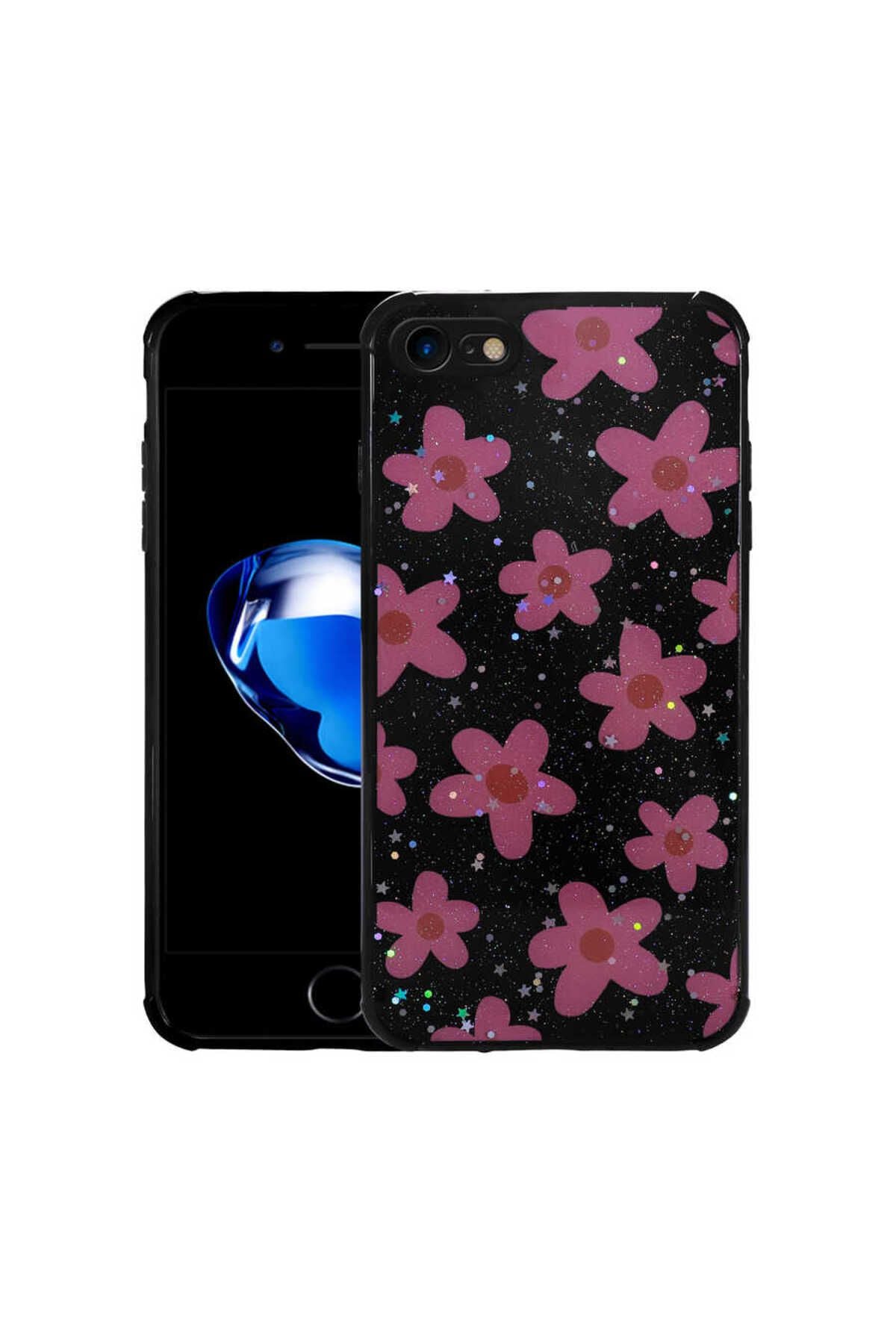 iPhone SE 2022 Uyumlu Simli Desenli Kamera Korumalı Parlak Zore Popy Kılıf-Kalp
