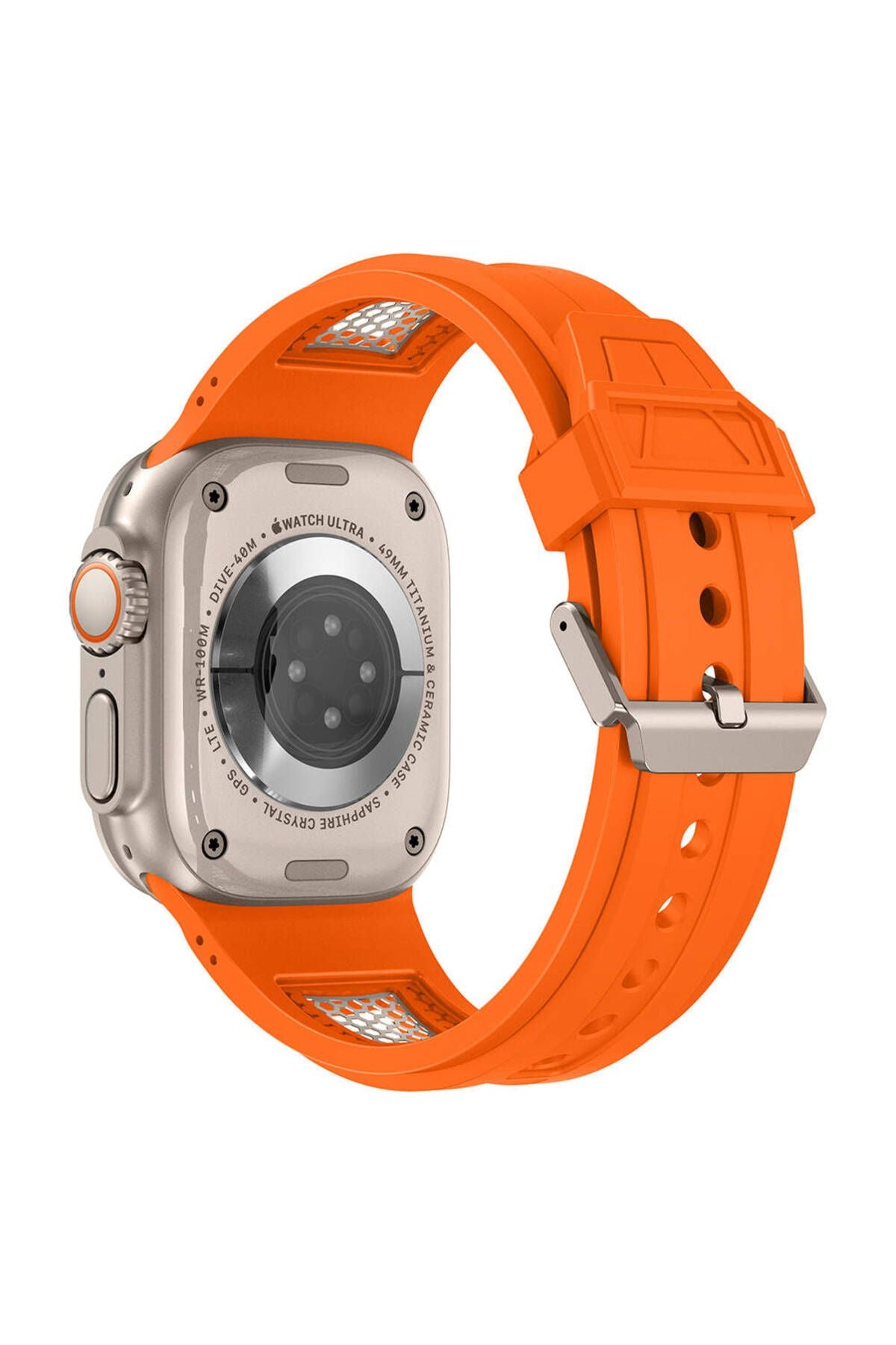 Watch Ultra 49mm Zore KRD-117 Hava Alabilen Delikli Metal Süslemeli Desenli Silikon Kordon-Tit