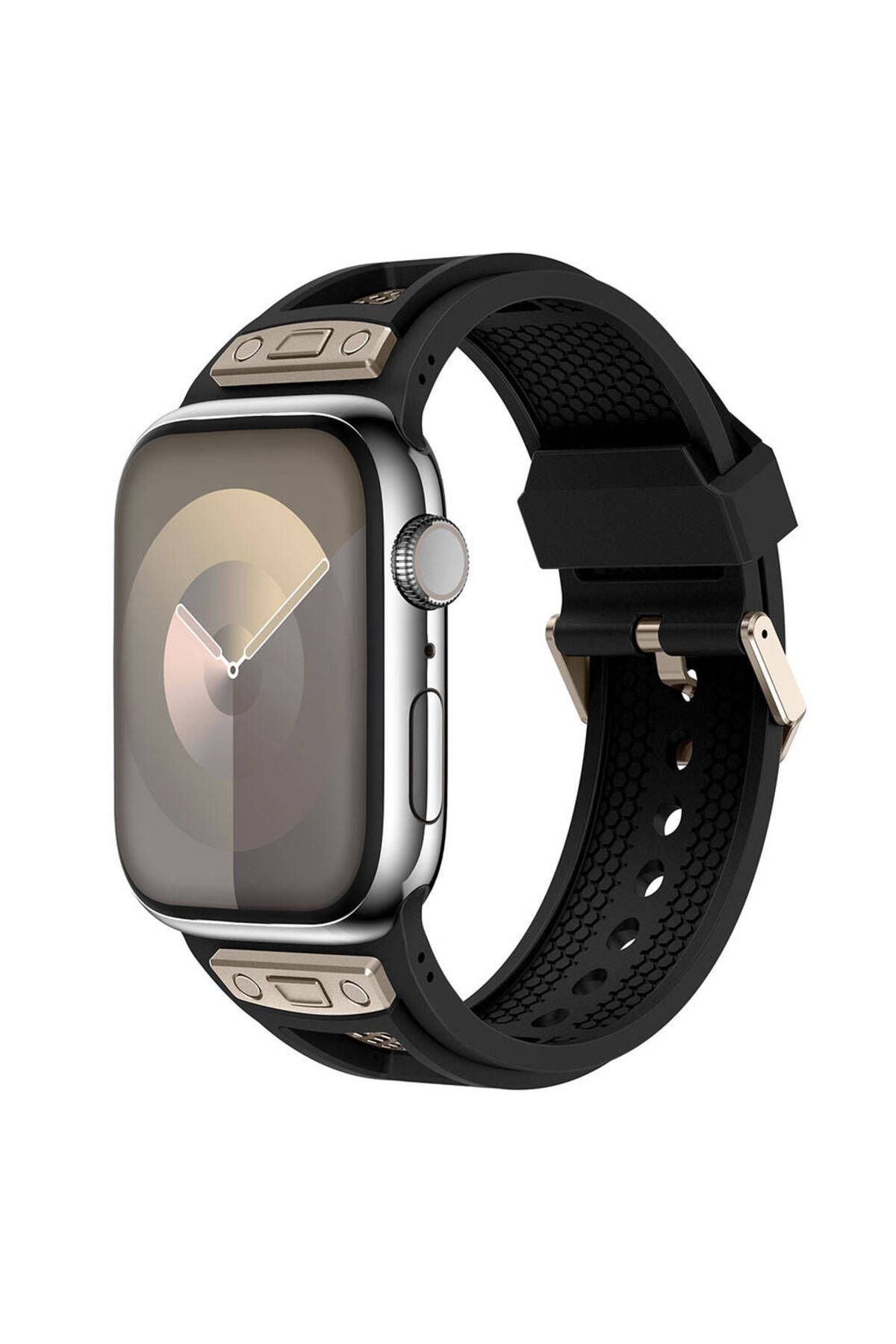 Watch 44mm KRD-117 Uyumlu Hava Alabilen Delikli Metal Süslemeli Desenli Silikon Kordon-Titanyum