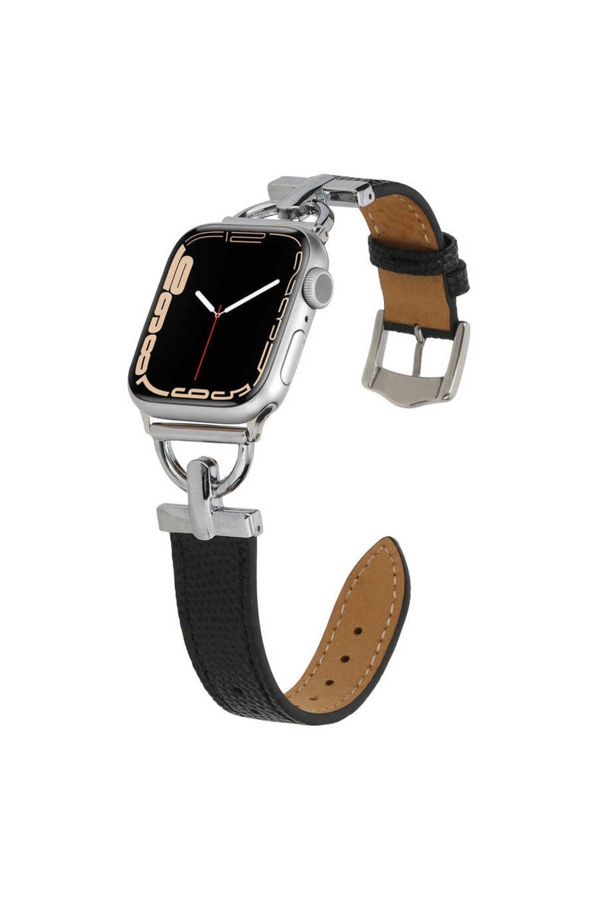 Watch Ultra 49mm Kordon Uyumlu KRD-53 Deri Strap Kayış CLO- Siyah