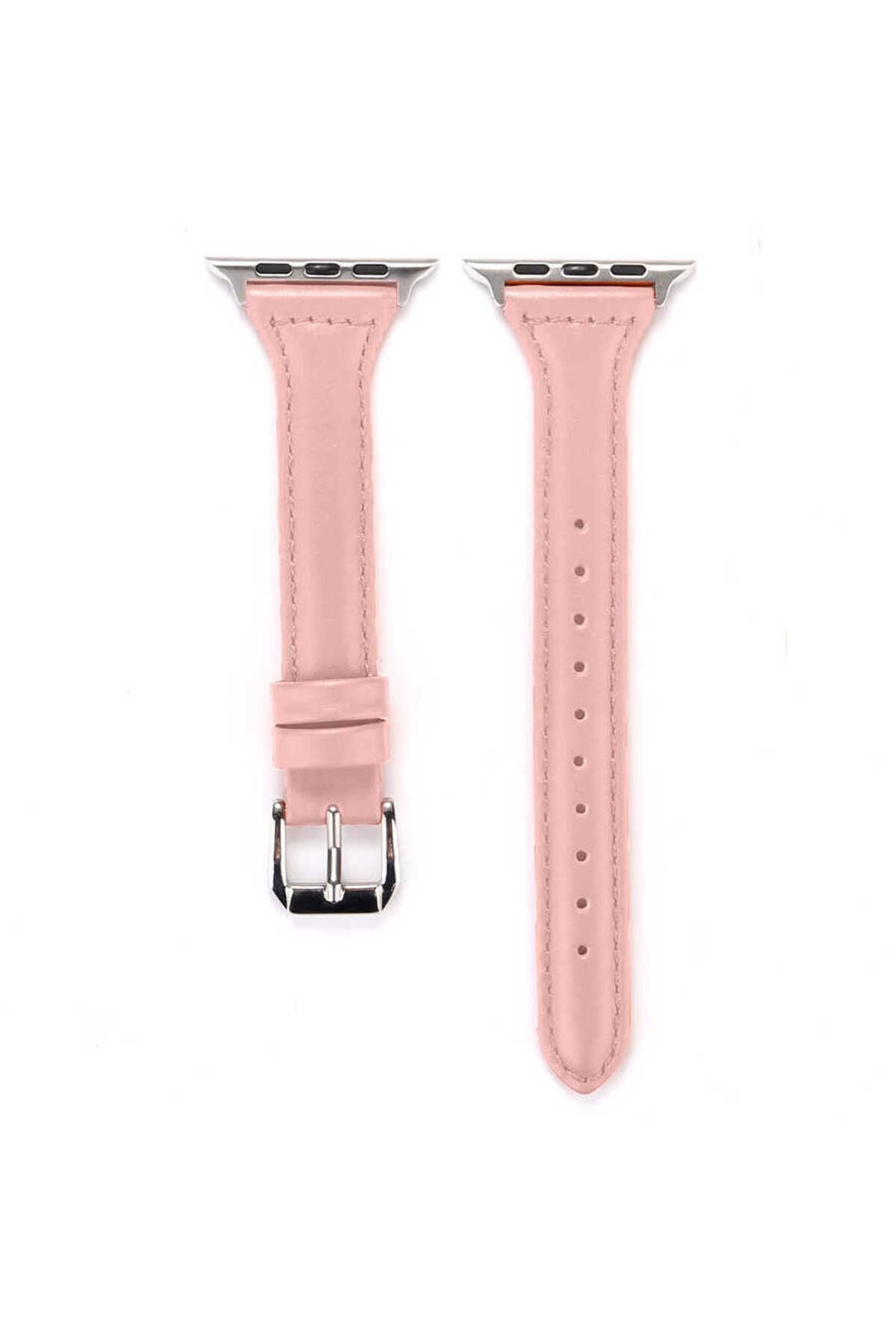 Watch Ultra 49mm Kordon Uyumlu KRD-28 Deri Strap Kayış CLO- Pembe