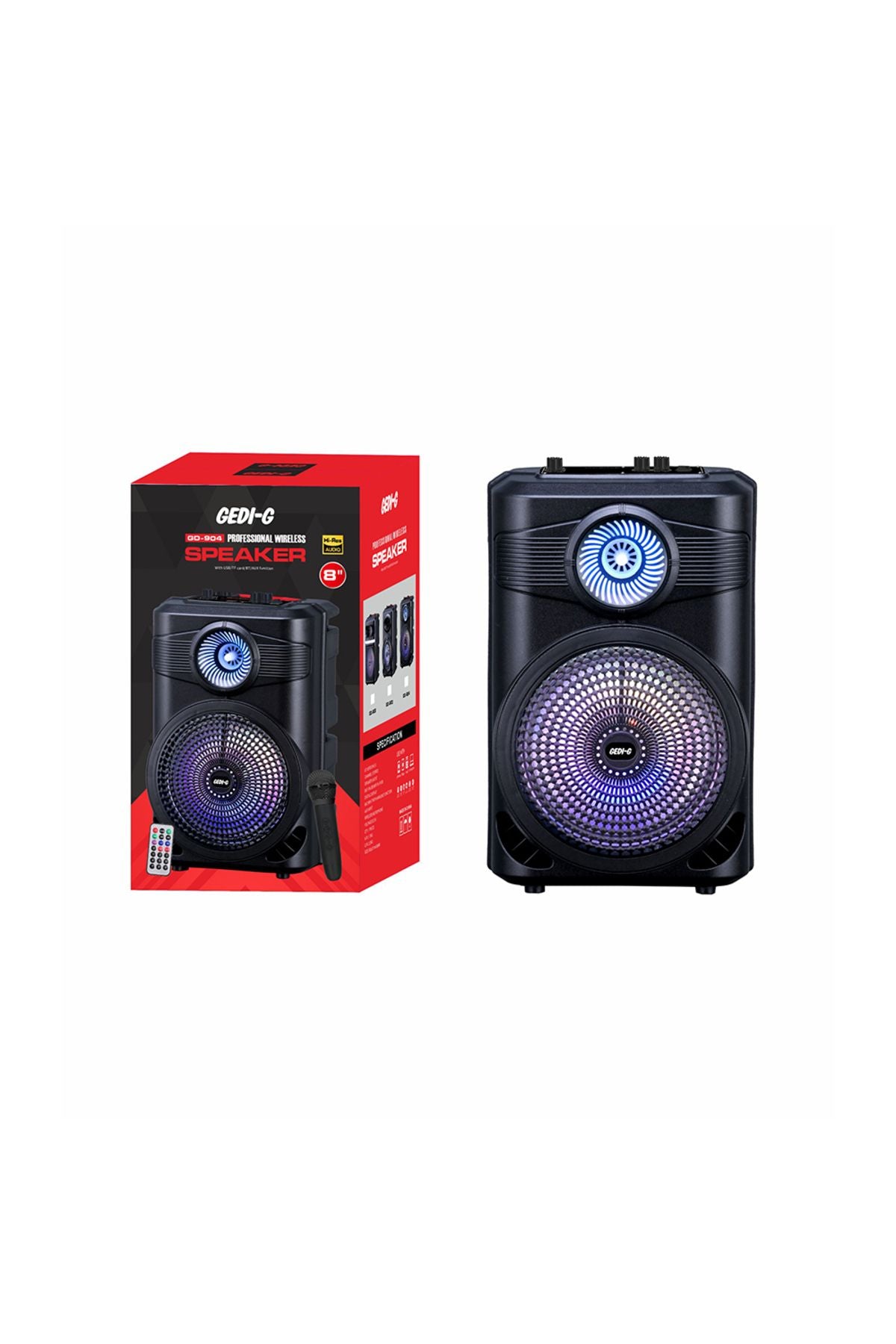 GD-904 Dijital LED Göstergeli FM Radyolu Mikrofonlu RGB TWS 8 inç Stereo Bass Kablosuz Karaoke