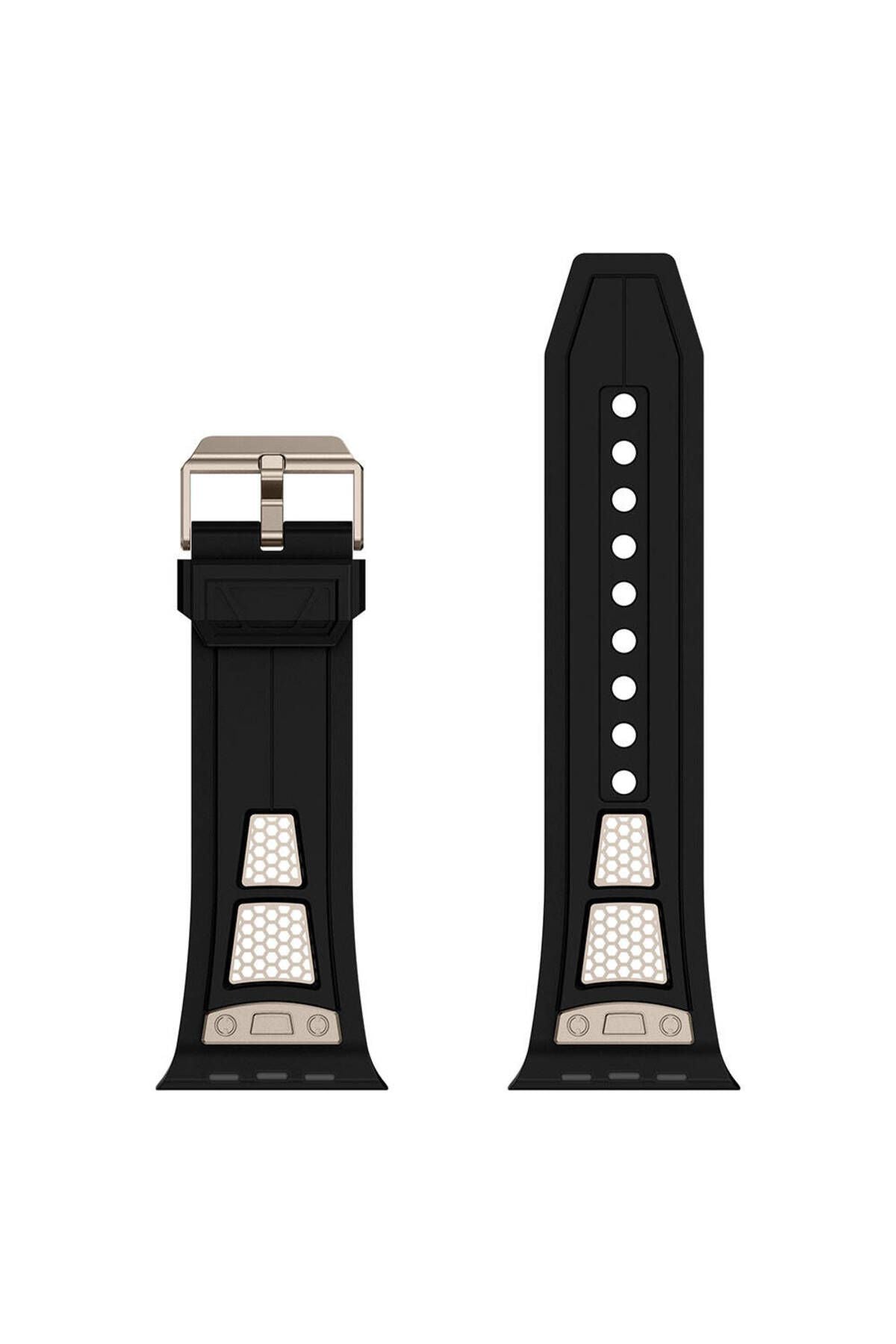 Watch 44mm KRD-117 Uyumlu Hava Alabilen Delikli Metal Süslemeli Desenli Silikon Kordon-Titanyum