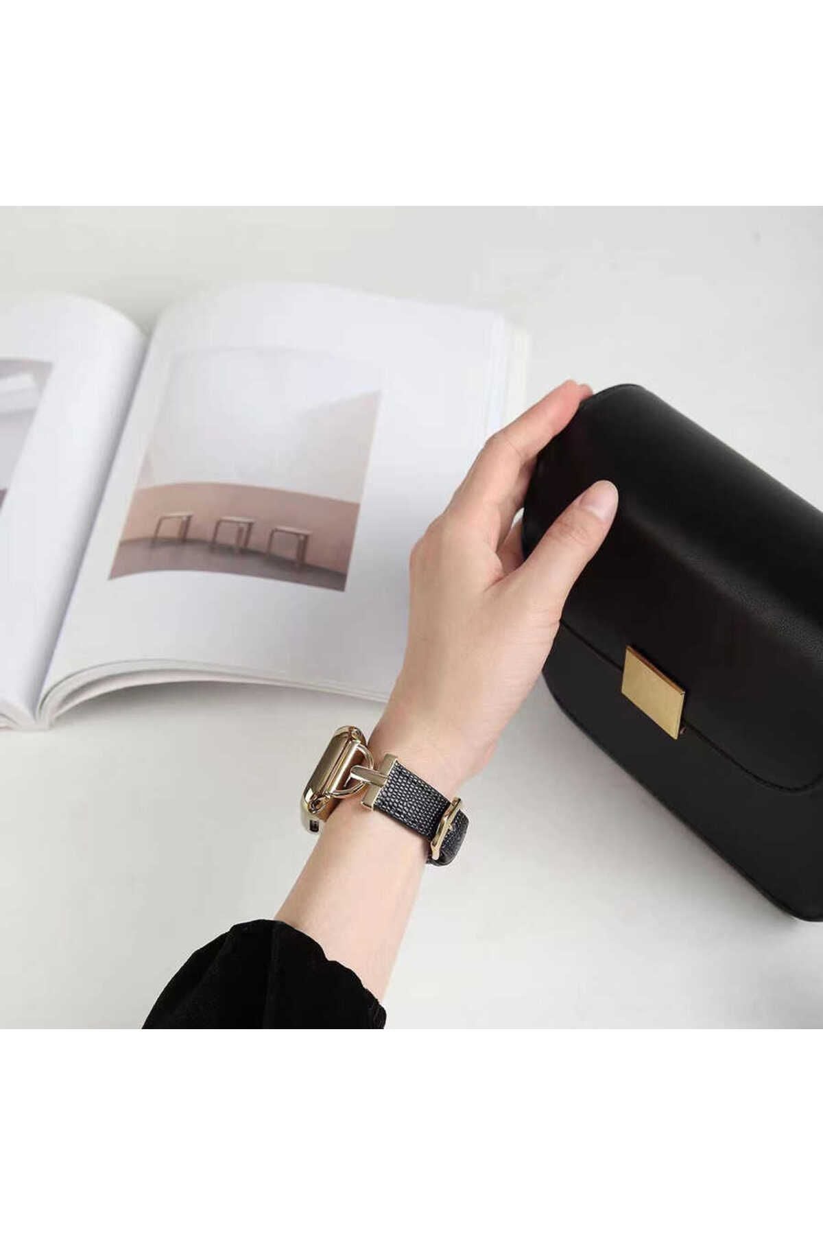 Watch 7 41mm Uyumlu KRD-53 Deri Zore Kordon-Siyah-Gold