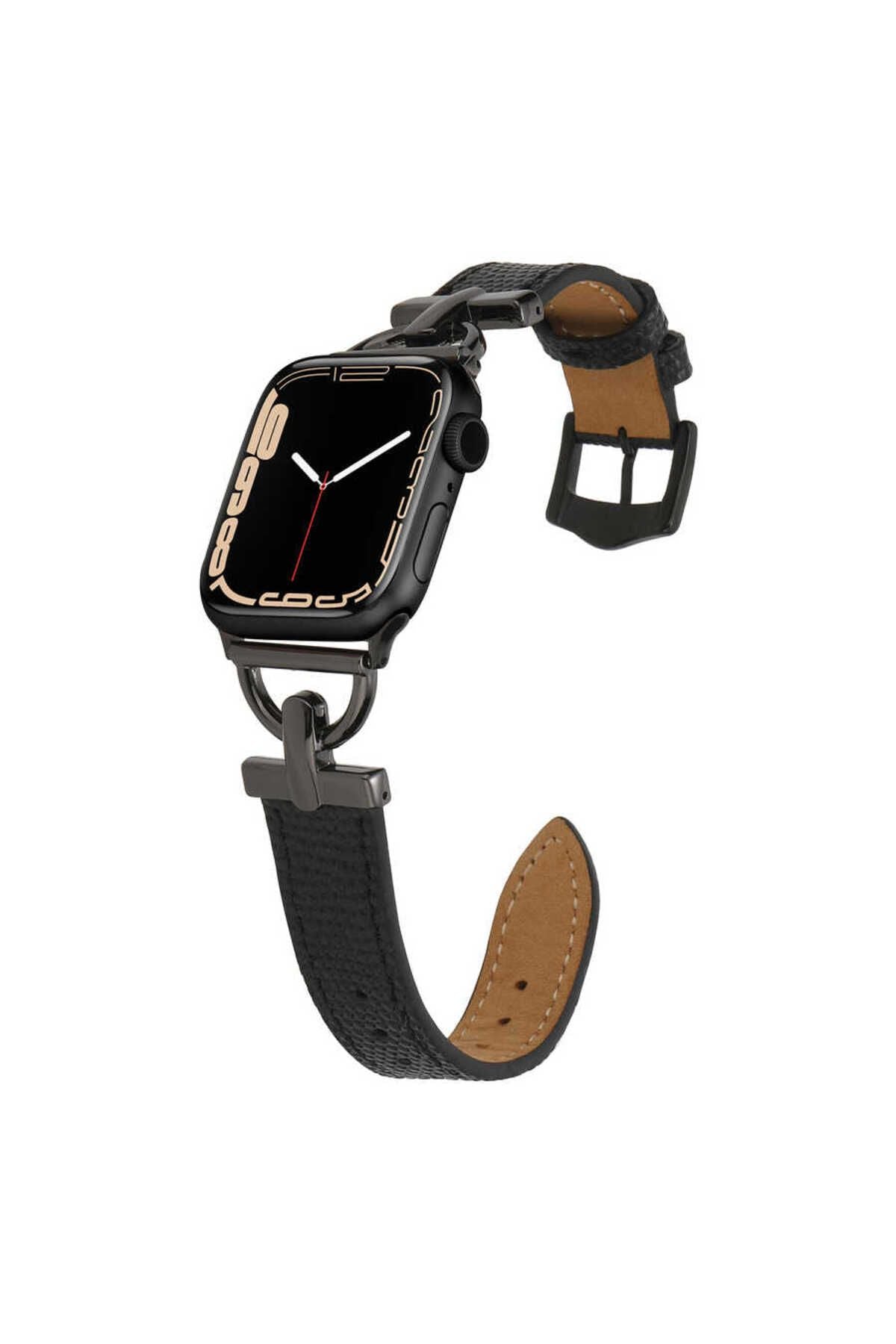 Watch Ultra 49mm Kordon Uyumlu KRD-53 Deri Strap Kayış CLO- Siyah