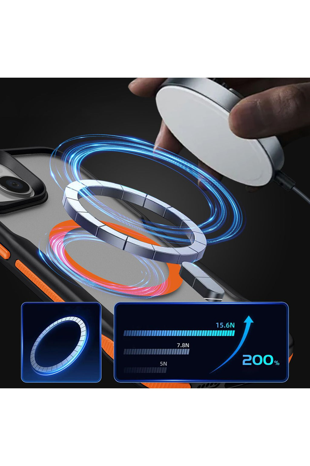 iPhone 15 Plus Uyumlu Magsafe Şarj Özellikli Renkli Kenar Airbag Şeritli Zore Lamer Kapak-Siyah