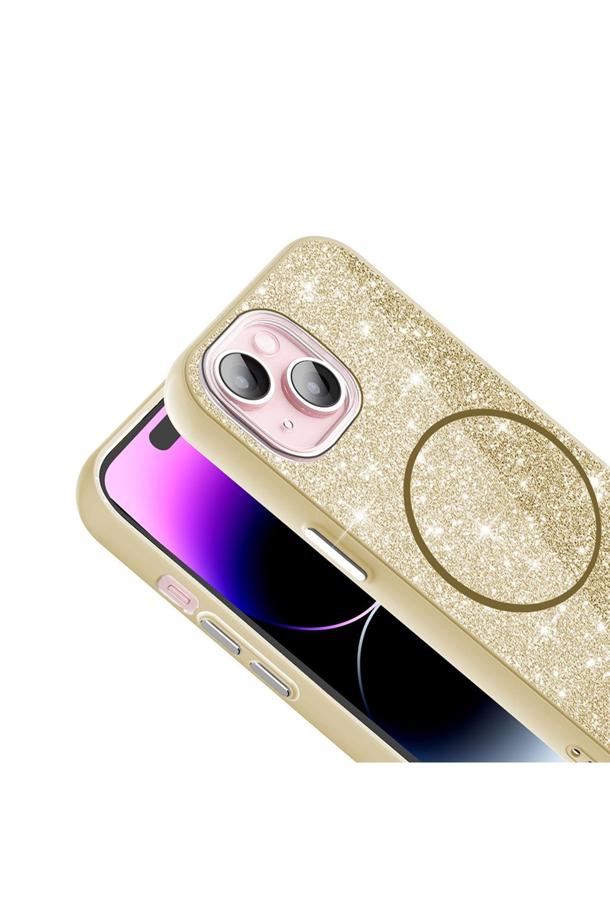 iPhone 15 Plus Kılıf Magsafe Şarj Özellikli Parlayan Simli Zore Okso Kapak - Pembe
