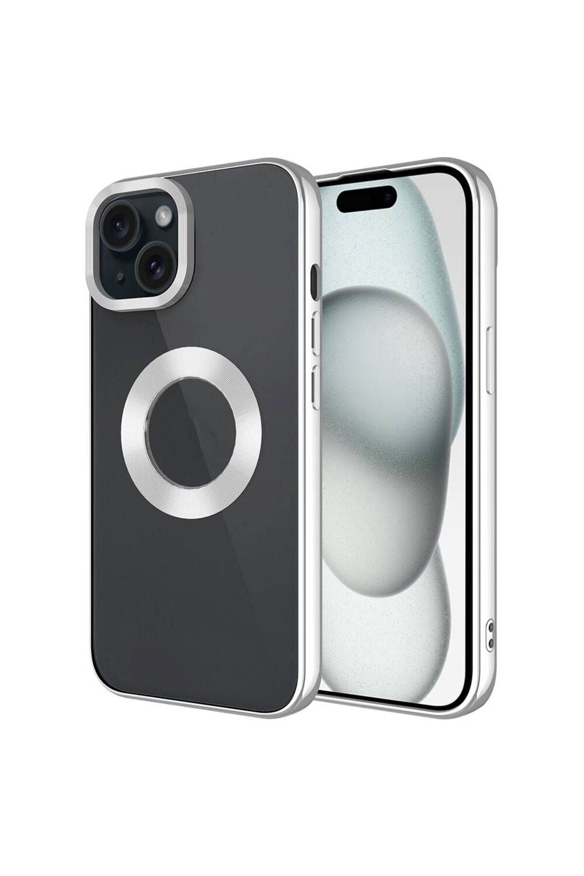 iPhone 15 Plus Uyumlu Tek Kamera Çerçeveli Logo Gösteren Zore Omega Kılıf-Gümüş