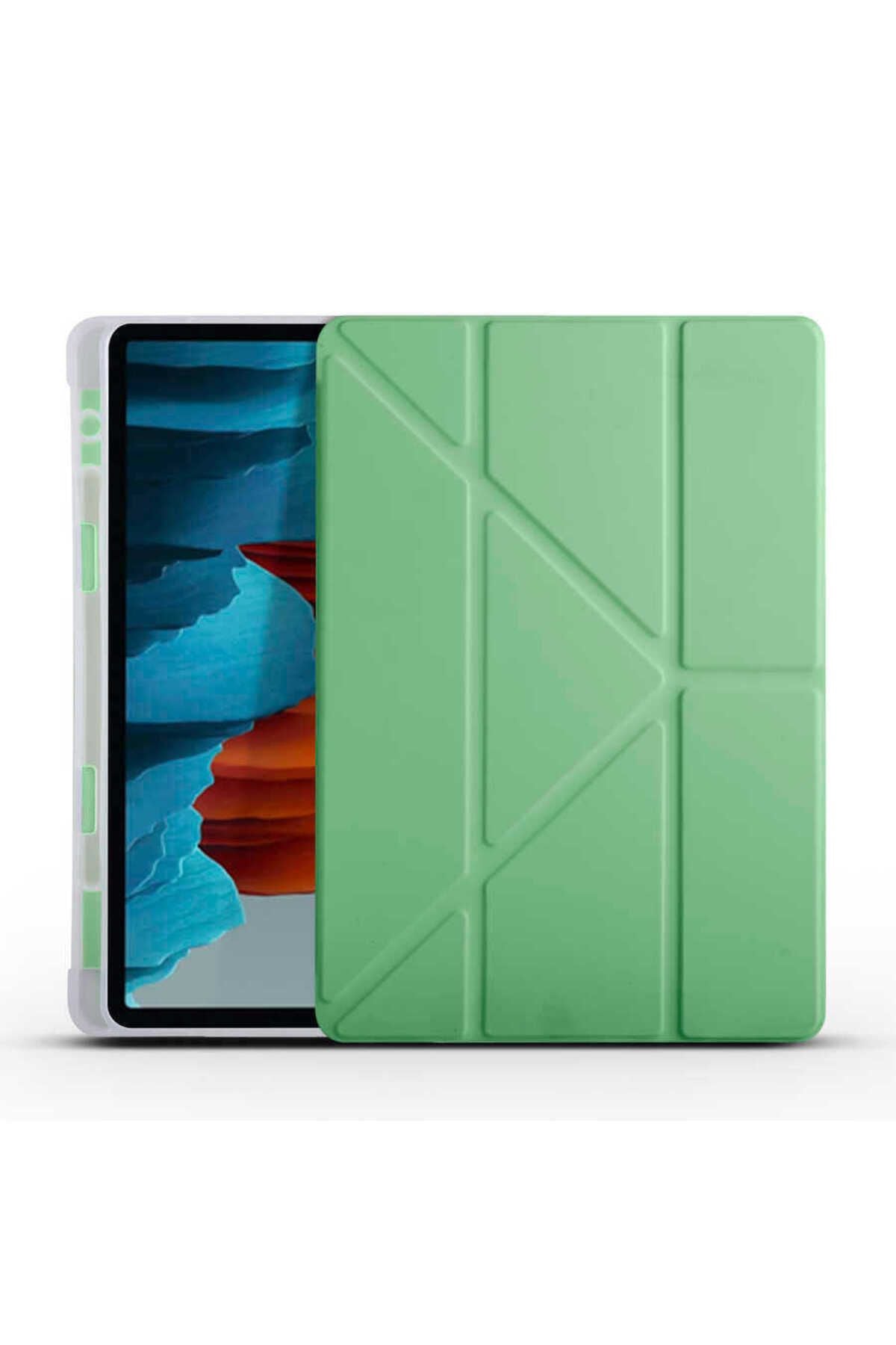 Galaxy Tab S7 T870 Kılıf  Uyumlu Zore Tri Folding Kalem Bölmeli Standlı Kılıf-Açık Yeşil