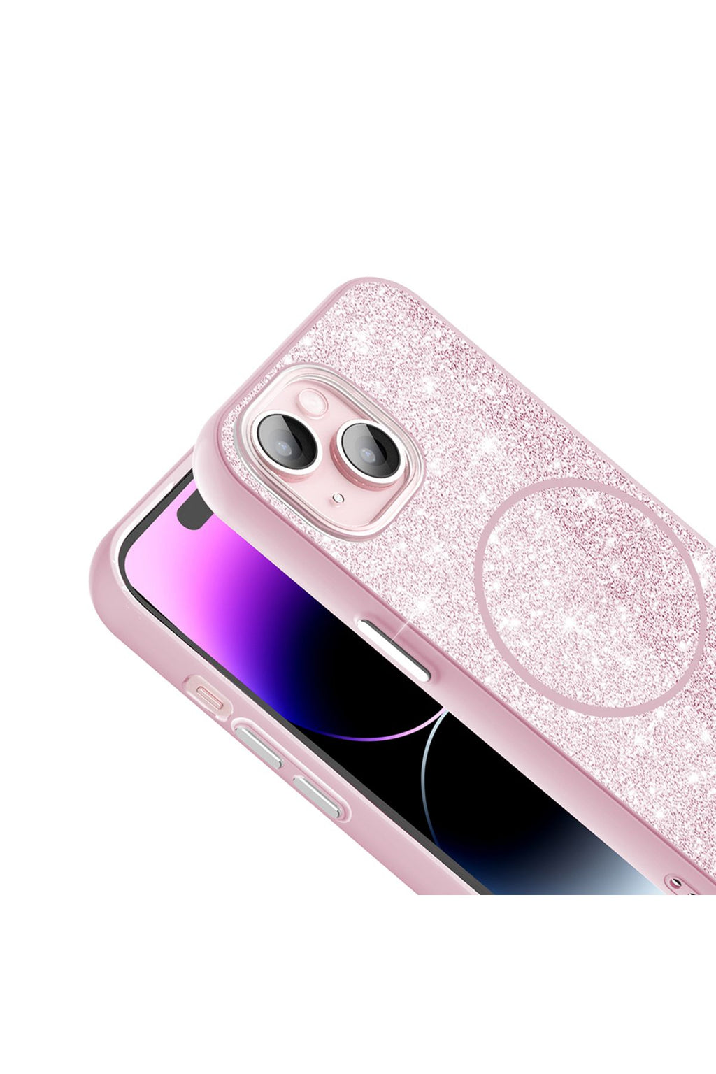 iPhone 15 Kılıf Magsafe Şarj Özellikli Parlayan Simli Zore Okso Kapak - Pembe