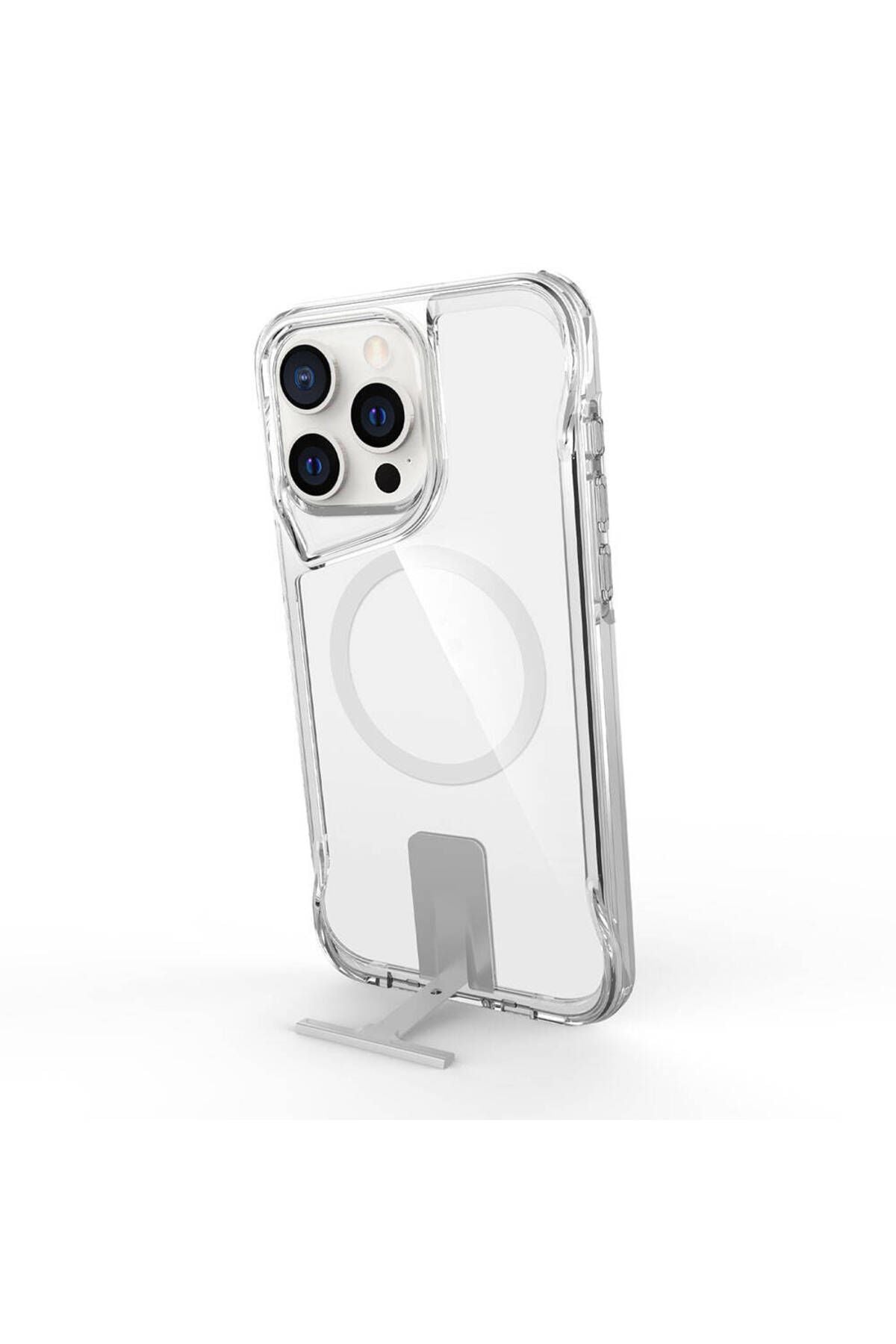 iPhone 15 Pro Uyumlu Magsafe Şarj Özellikli Zore T-Max Standlı Kılıf-Renksiz