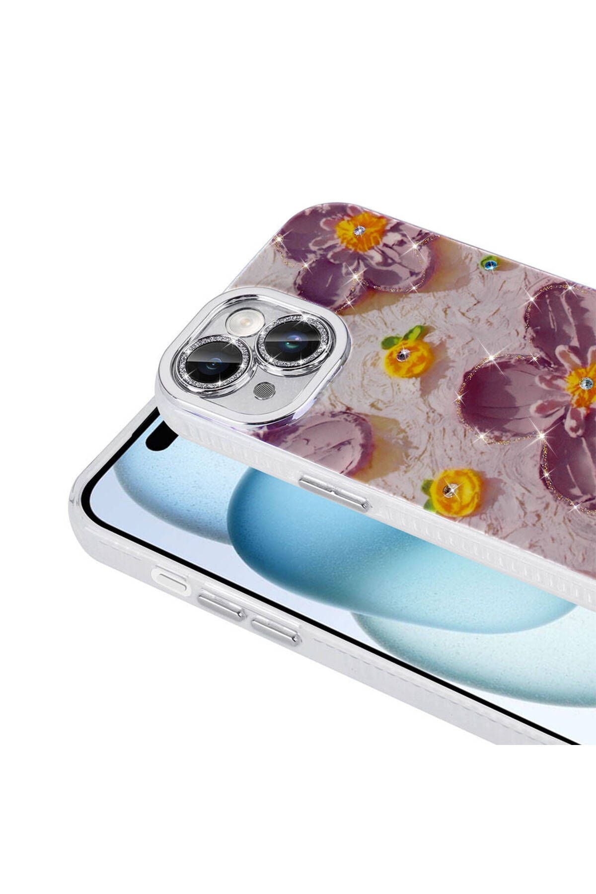 iPhone 15 Uyumlu DSB Kılıf Çiçek Desenli Parlak Taşlı Sert Silikon Zore Garden Kapak-Colorful