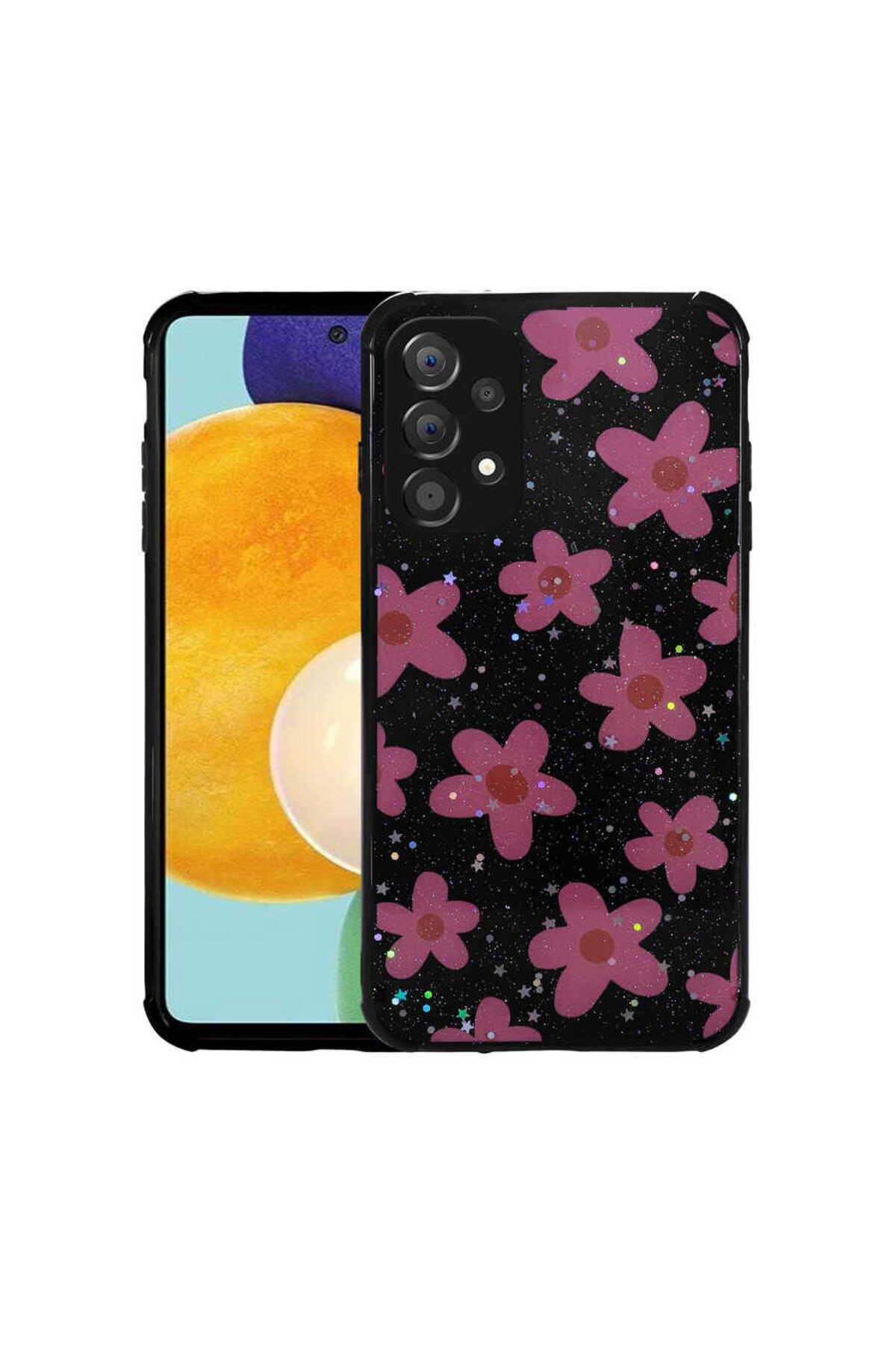 Galaxy A53 5G Kılıf Simli Desenli Kamera Korumalı Parlak RNTC Popy Kapak - Çiçek