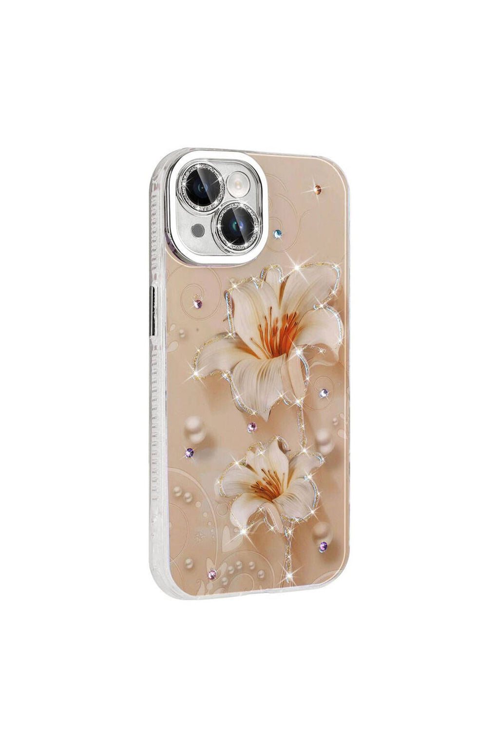 iPhone 15 Kılıf Çiçek Desenli Parlak Taşlı Sert Silikon GLLP Garden Kapak - Pembe Açık