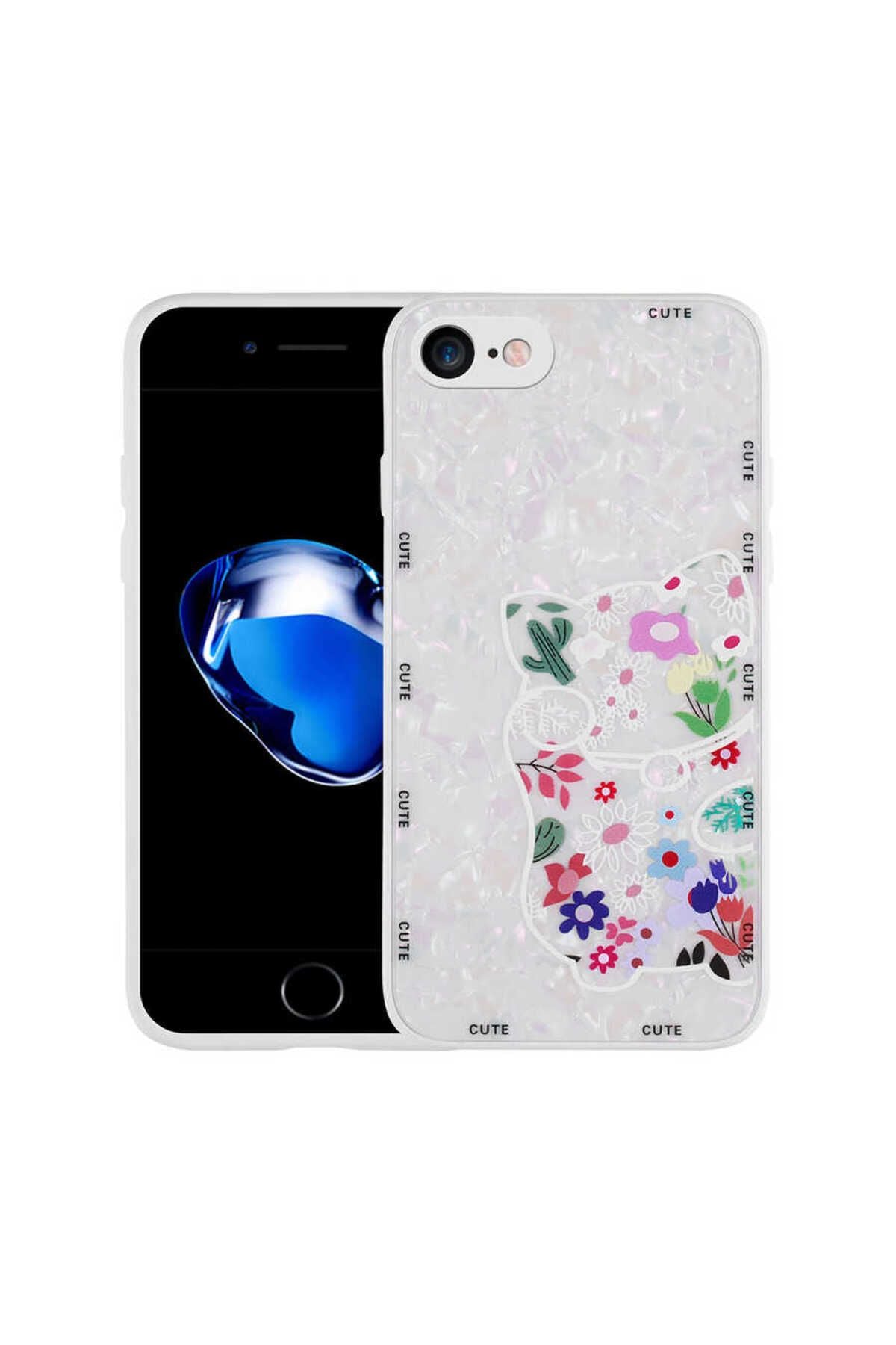 iPhone SE 2022 Uyumlu Desenli Sert Silikon CSM Zore Mumila Kılıf-White Cat