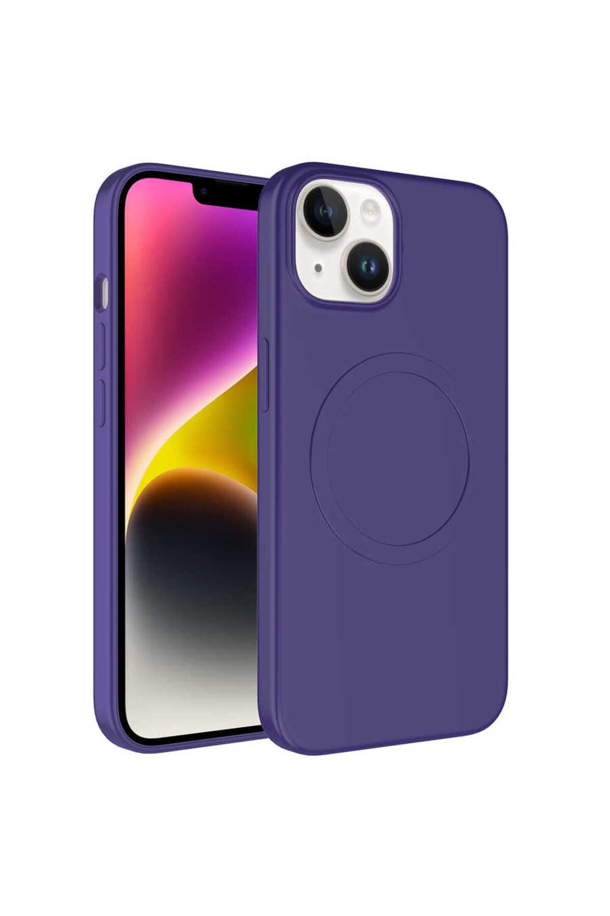 iPhone 14 Uyumlu Magsafe Wireless Şarj Özellikli Pastel Renk Silikon Zore Plas Kılıf-Mürdüm
