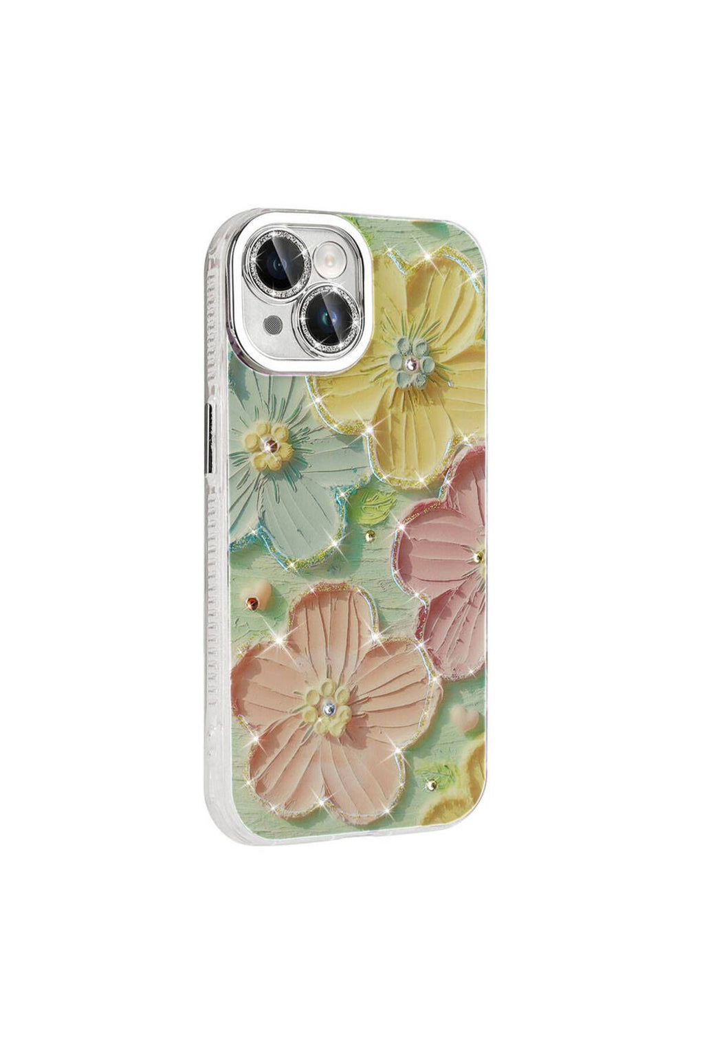 iPhone 14 Uyumlu PAT Kılıf Çiçek Desenli Parlak Taşlı Sert Silikon Zore Garden Kapak-Colorful