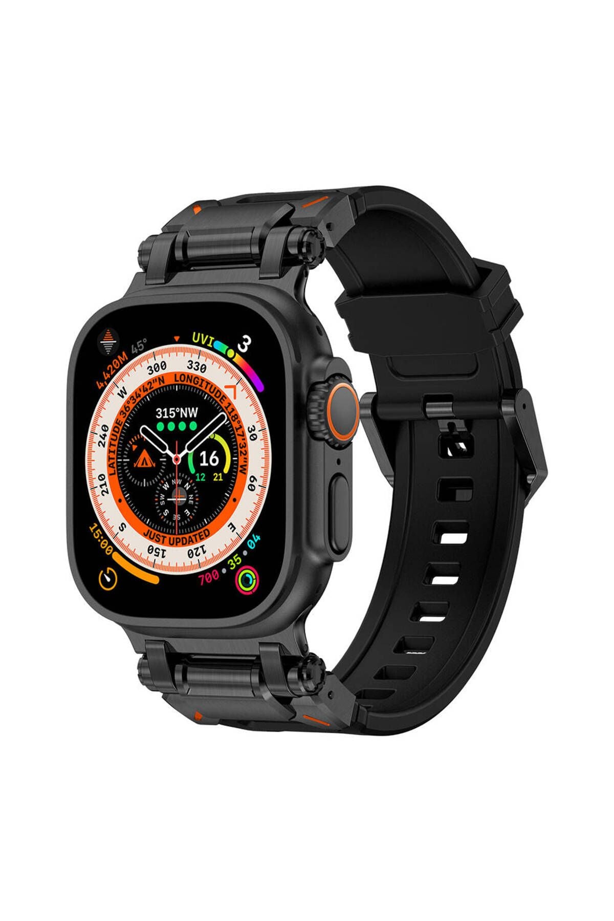 Watch Ultra 49mm CLO- KRD-101 Titanyum Metal Başlıklı Silikon Kordon-Siyah
