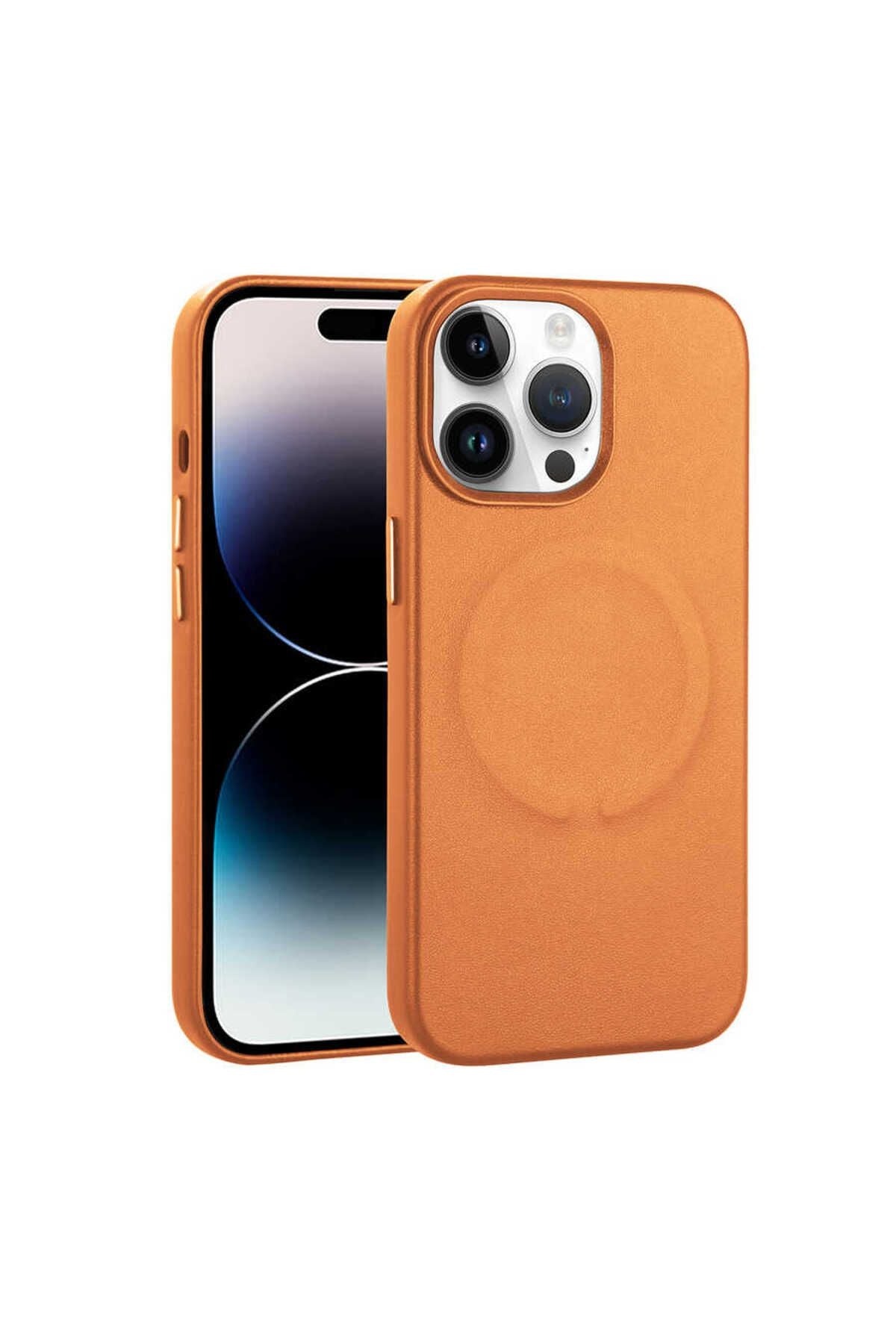 iPhone 14 Pro Uyumlu PU Deri Magsafe Wireless Şarj Özellikli Zore Derix Kılıf-Kahverengi