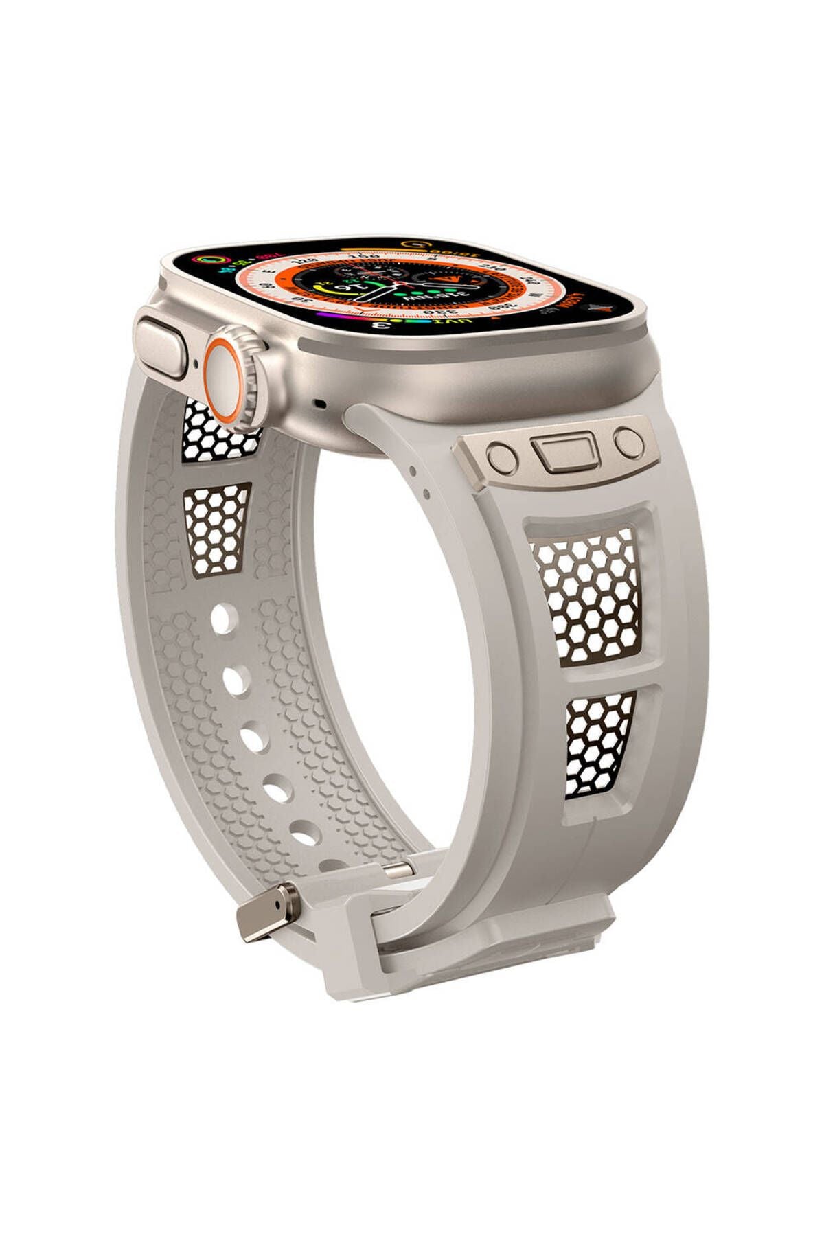 Watch Ultra 49mm Zore KRD-117 Hava Alabilen Delikli Metal Süslemeli Desenli Silikon Kordon-Tit