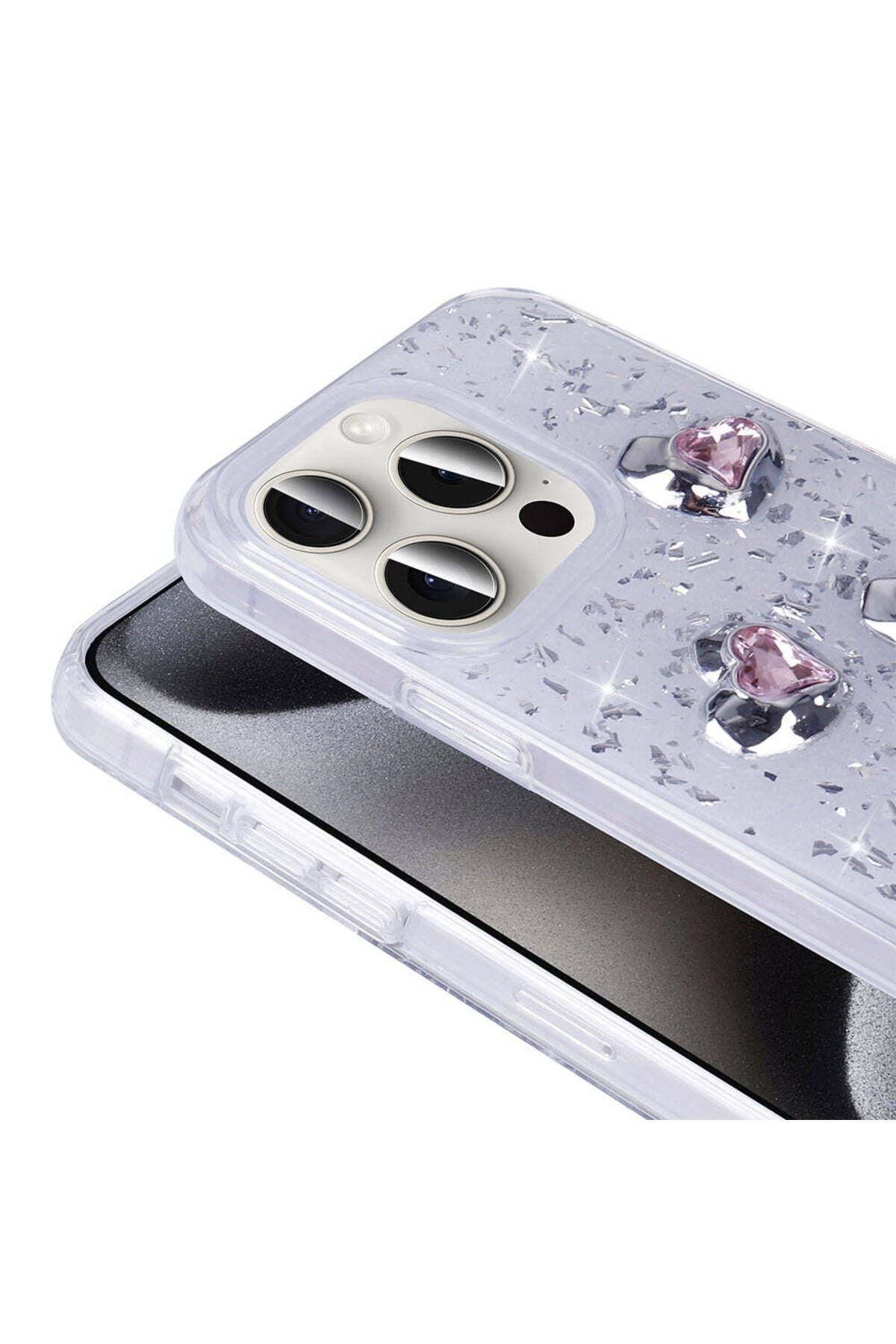 iPhone 15 Pro Uyumlu ODC Kılıf Airbagli Simli Arka Yüzey Zore Işıltı Silikon Kapak-Beyaz-Yıldız