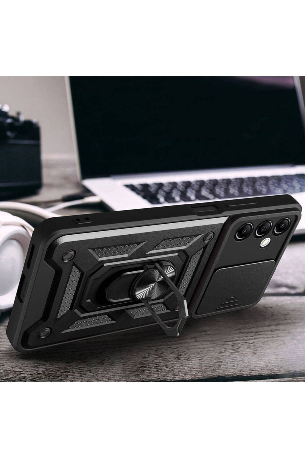Galaxy A14 Kılıf Magnetik Standlı Kamera Korumalı Zore Sürgülü Vega Kapak - Siyah