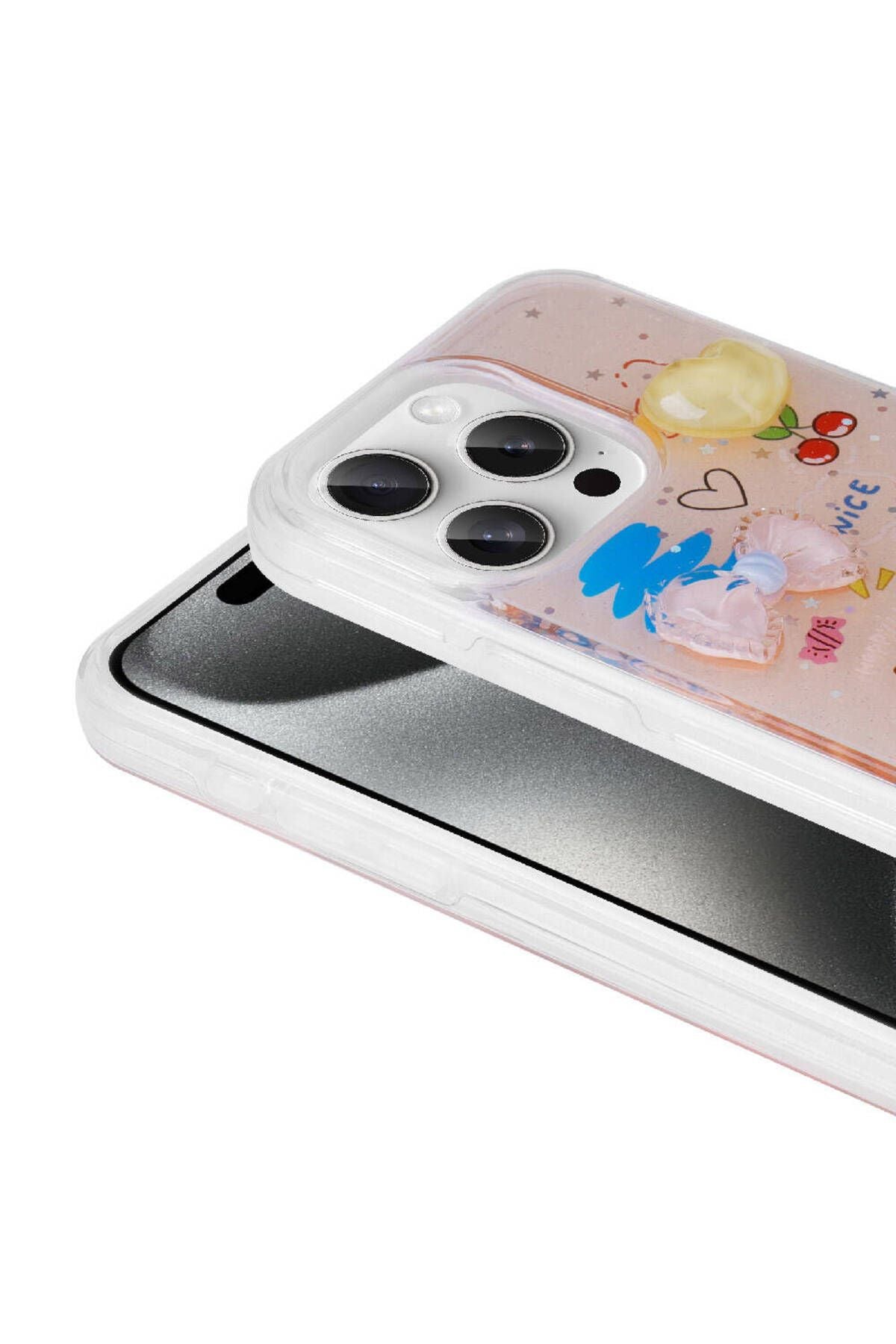 iPhone 15 Pro Uyumlu Kabartma Figürlü Parlak Zore Minimini Silikon Kılıf-Pembe