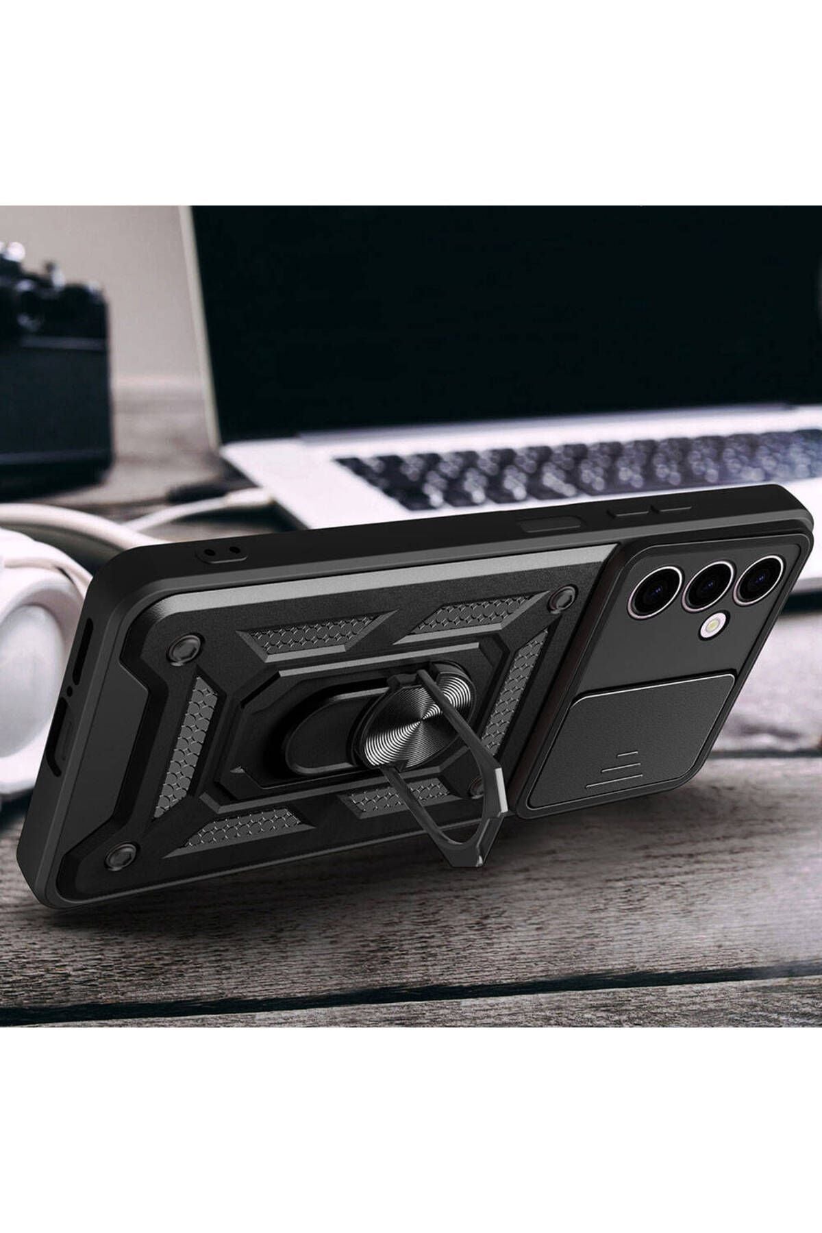 Galaxy A24 Kılıf Magnetik Standlı Kamera Korumalı Zore Sürgülü Vega Kapak - Siyah