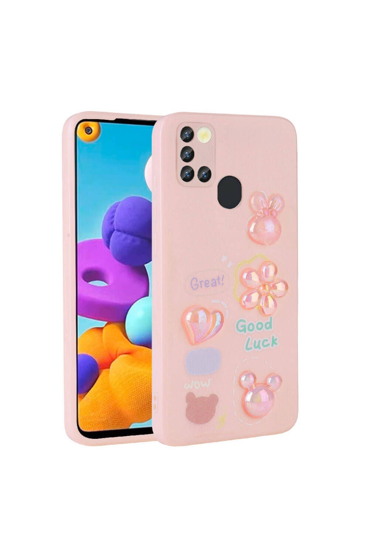 Galaxy A21S Kılıf Kabartma Figürlü Parlak Zore Toys Silikon Kapak - Beyaz