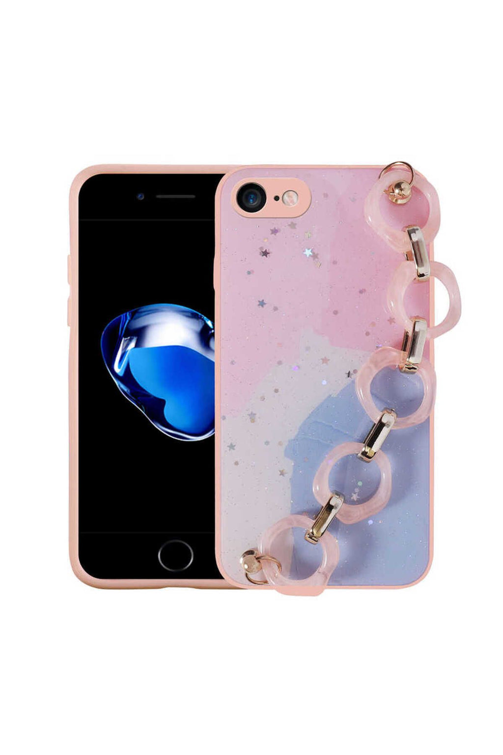 iPhone SE 2020 Kılıf Simli Desenli El Askılı Tutacaklı Zore Elsa Silikon Kapak - Pembe