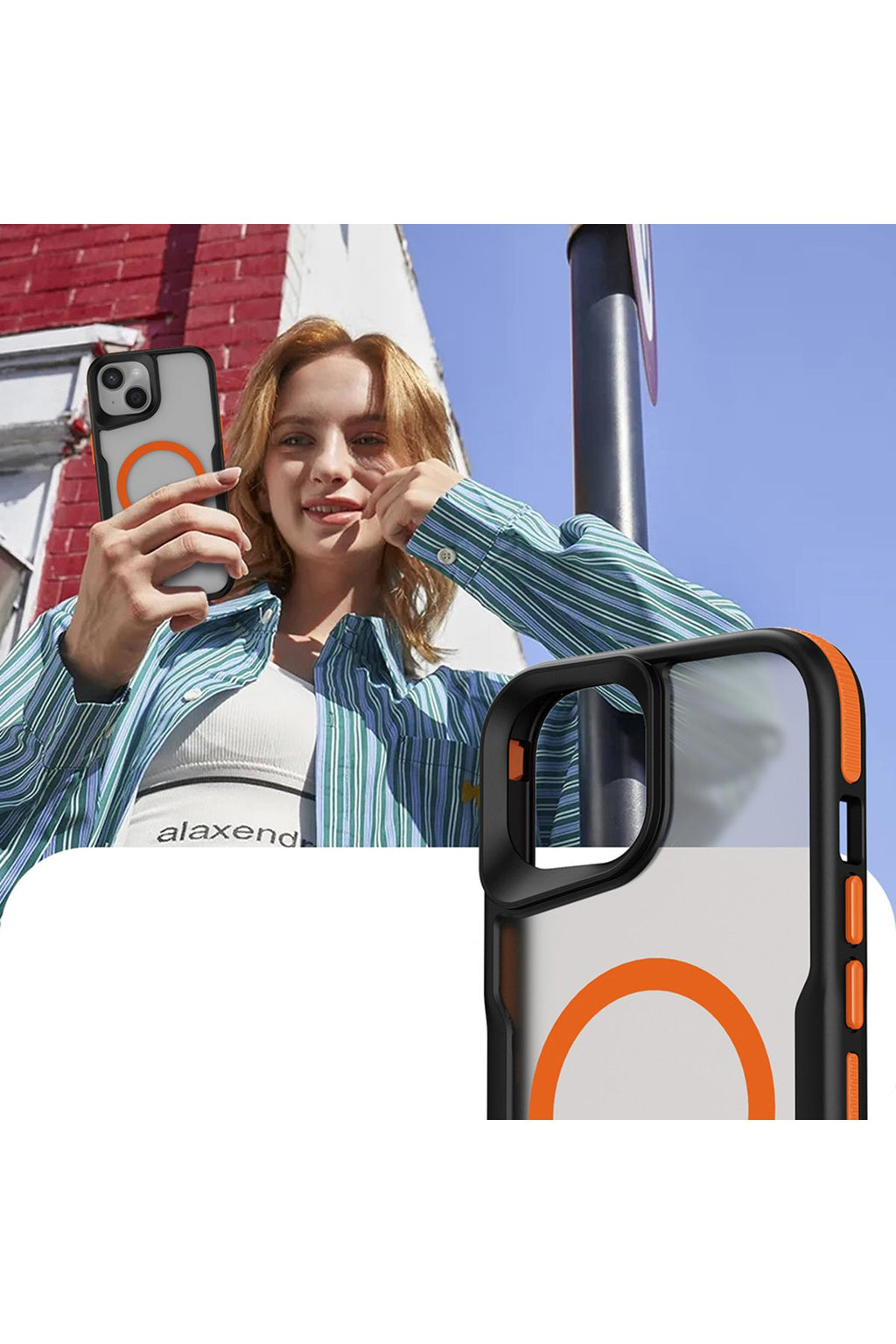 iPhone 14 Uyumlu Magsafe Şarj Özellikli Renkli Kenar Airbag Şeritli Zore Lamer Kapak-Gri