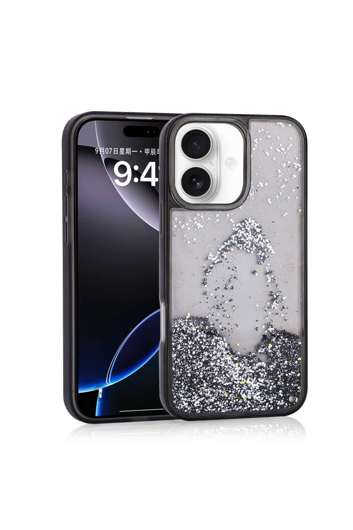 iPhone 16 Kılıf Sıvılı Simli Şeffaf Arka Yüzey Zore Keto Silikon Kapak - Mor