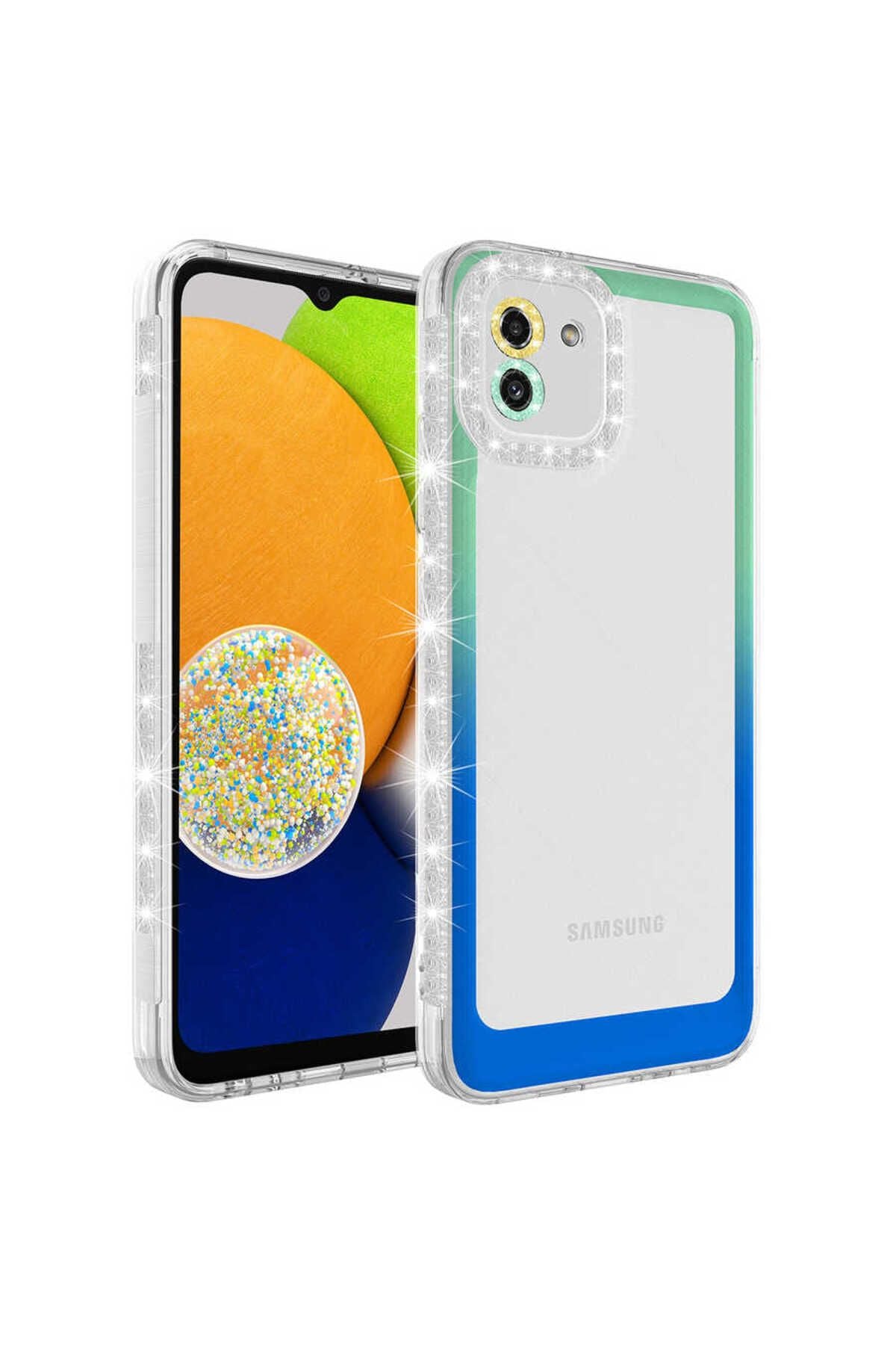 Galaxy A03 Kılıf Simli ve Renk Geçiş Tasarımlı Lens Korumalı SVL Park Kapak - Beyaz-Pembe