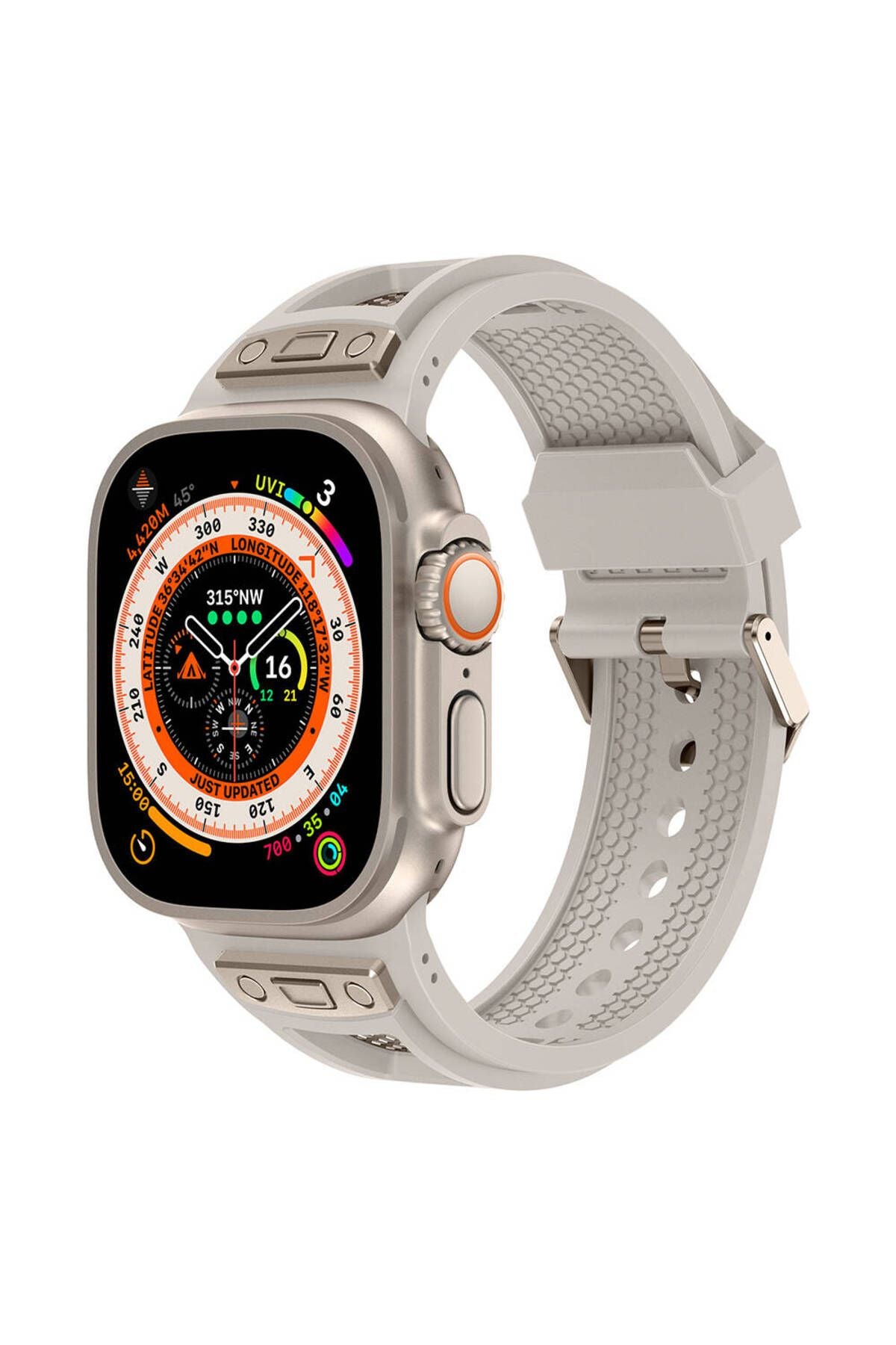 Watch Ultra 49mm Zore KRD-117 Hava Alabilen Delikli Metal Süslemeli Desenli Silikon Kordon-Tit