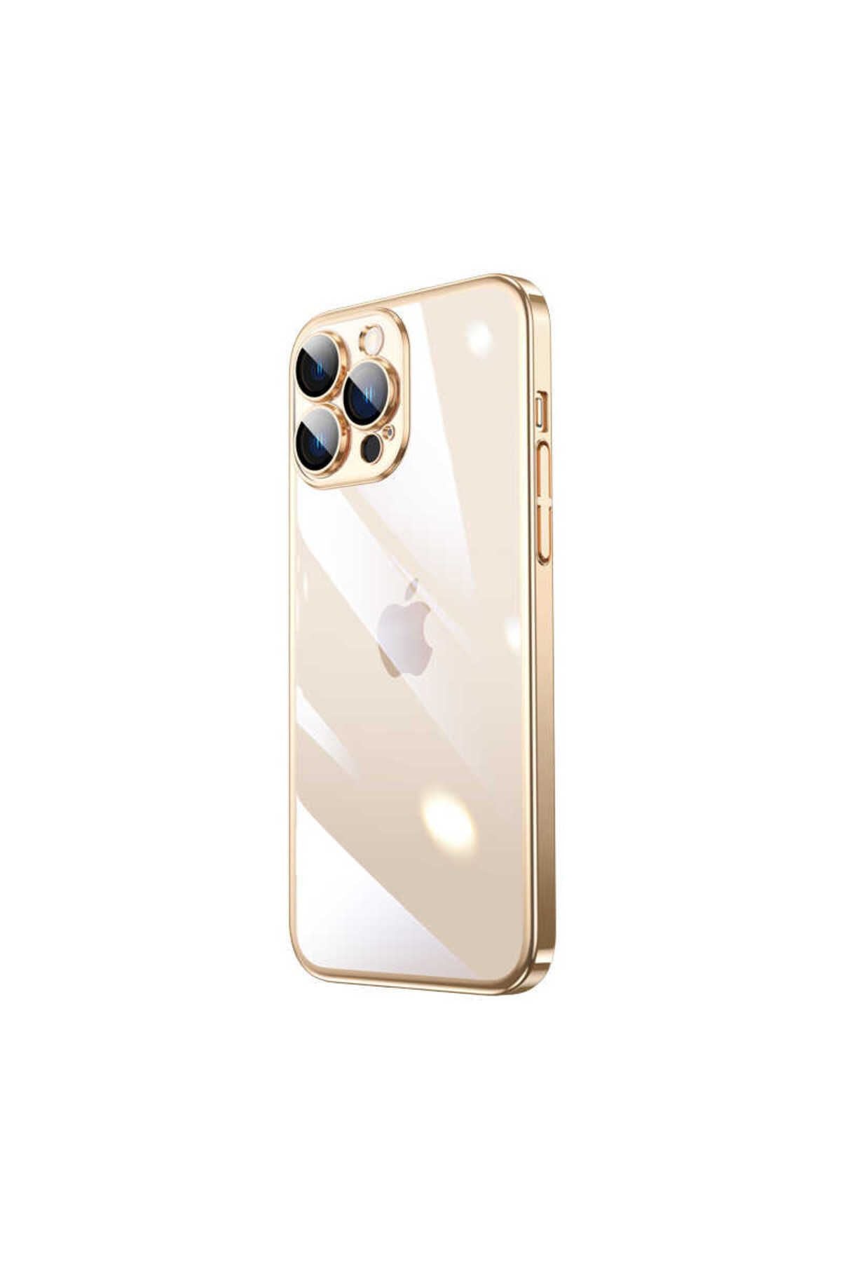 iPhone 14 Pro Uyumlu Sert PC Renkli Çerçeveli Zore Riksos Kılıf-Gold