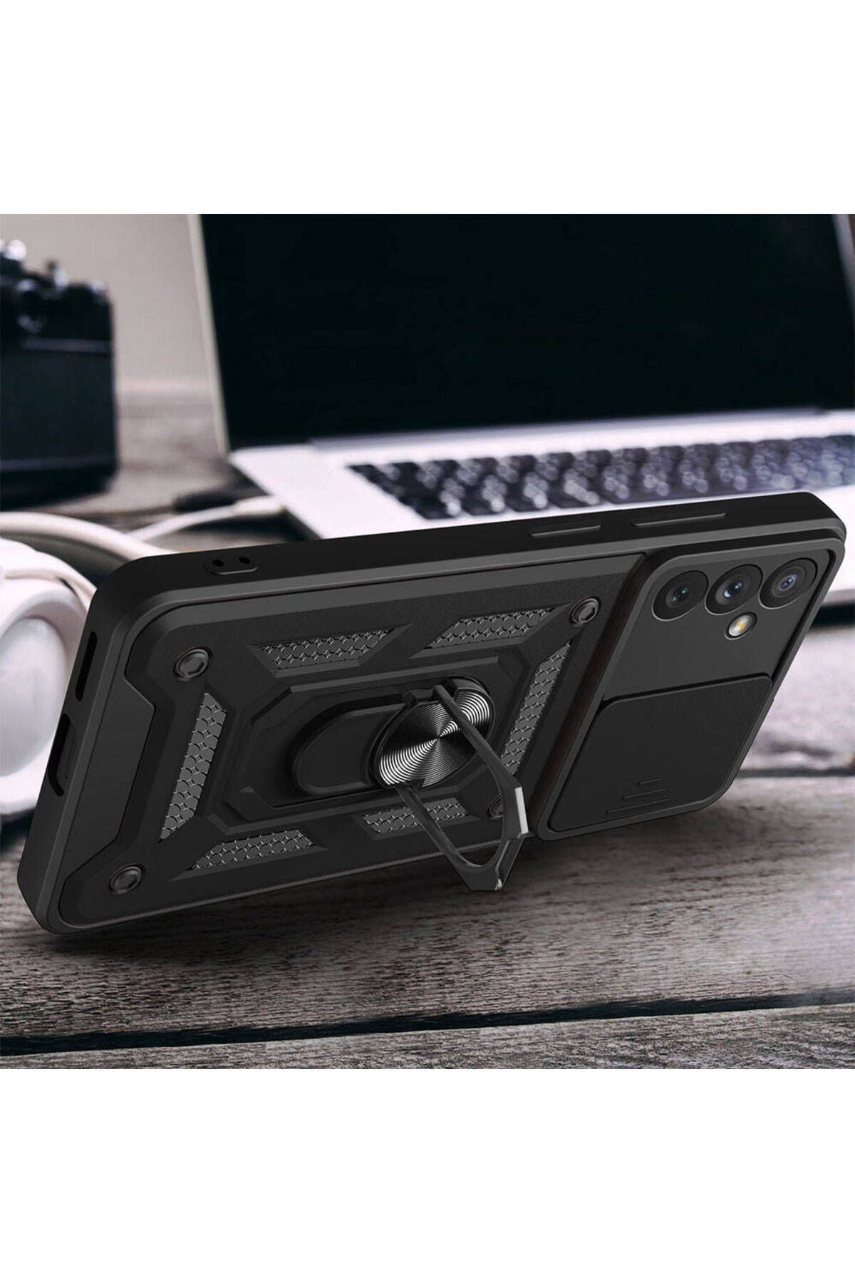 Galaxy A34 Kılıf Magnetik Standlı Kamera Korumalı Zore Sürgülü Vega Kapak - Siyah