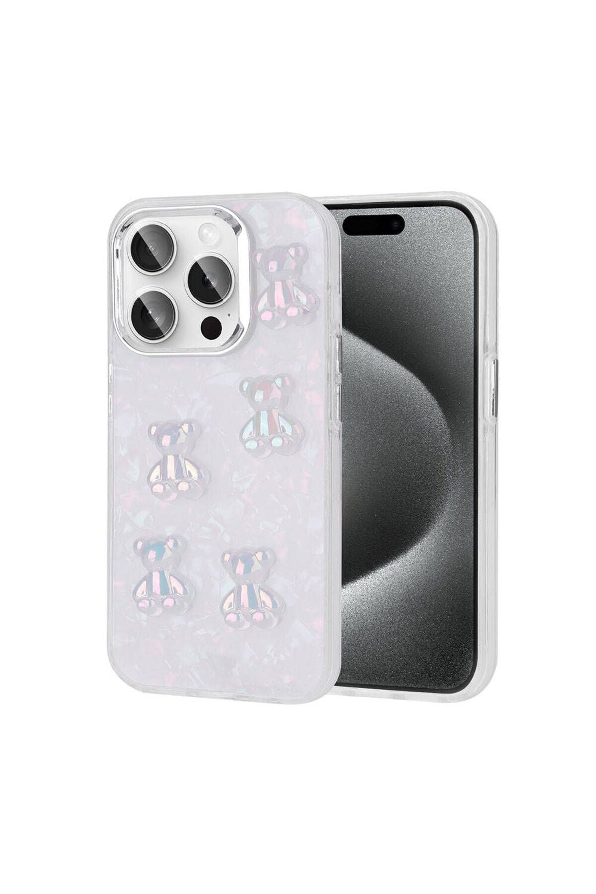 iPhone 15 Pro Uyumlu Kabartma Figürlü Parlak Zore Eralli Silikon Kılıf-Ayı