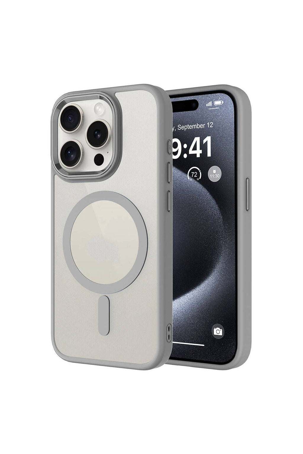 iPhone 15 Pro Max Uyumlu Wireless Şarj Özellikli CSK Zore Krom Magsafe Silikon Kılıf-Gri