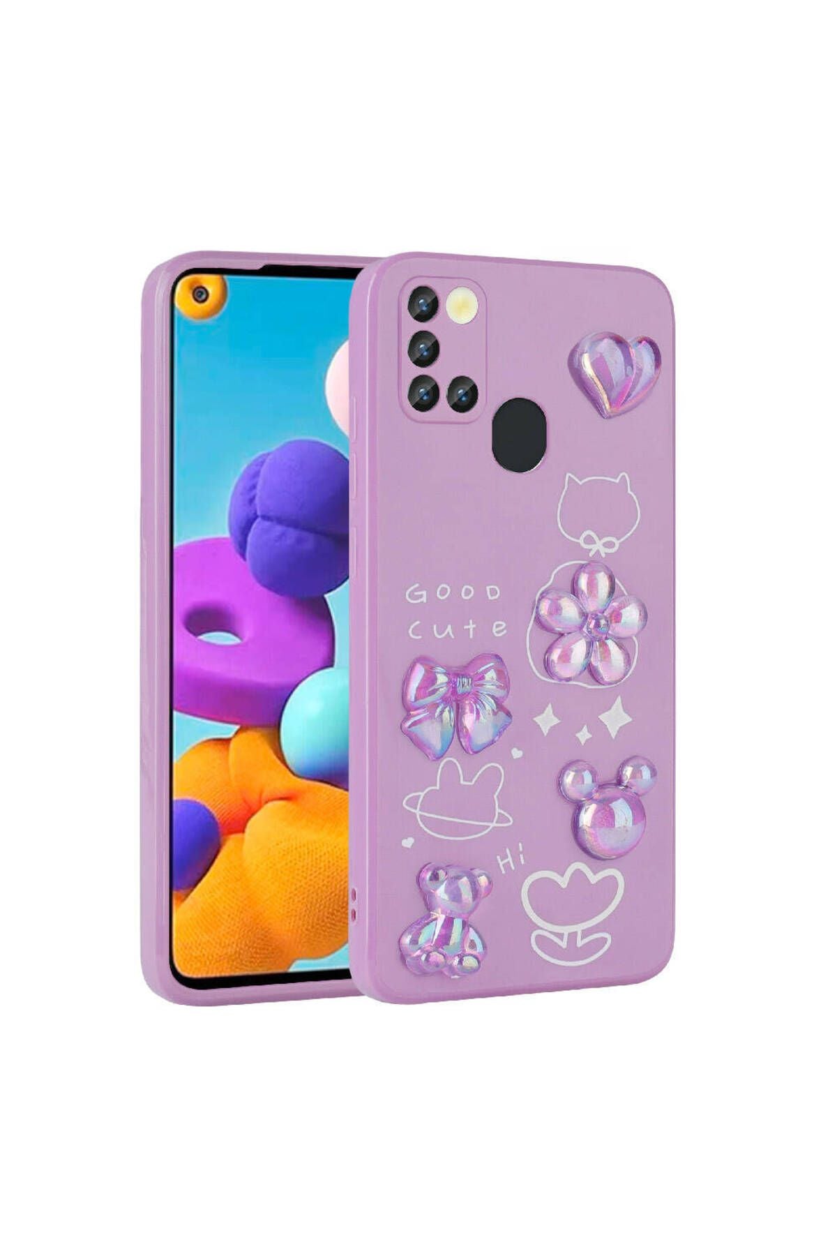 Galaxy A21S Kılıf Kabartma Figürlü Parlak Zore Toys Silikon Kapak - Açık Yeşil