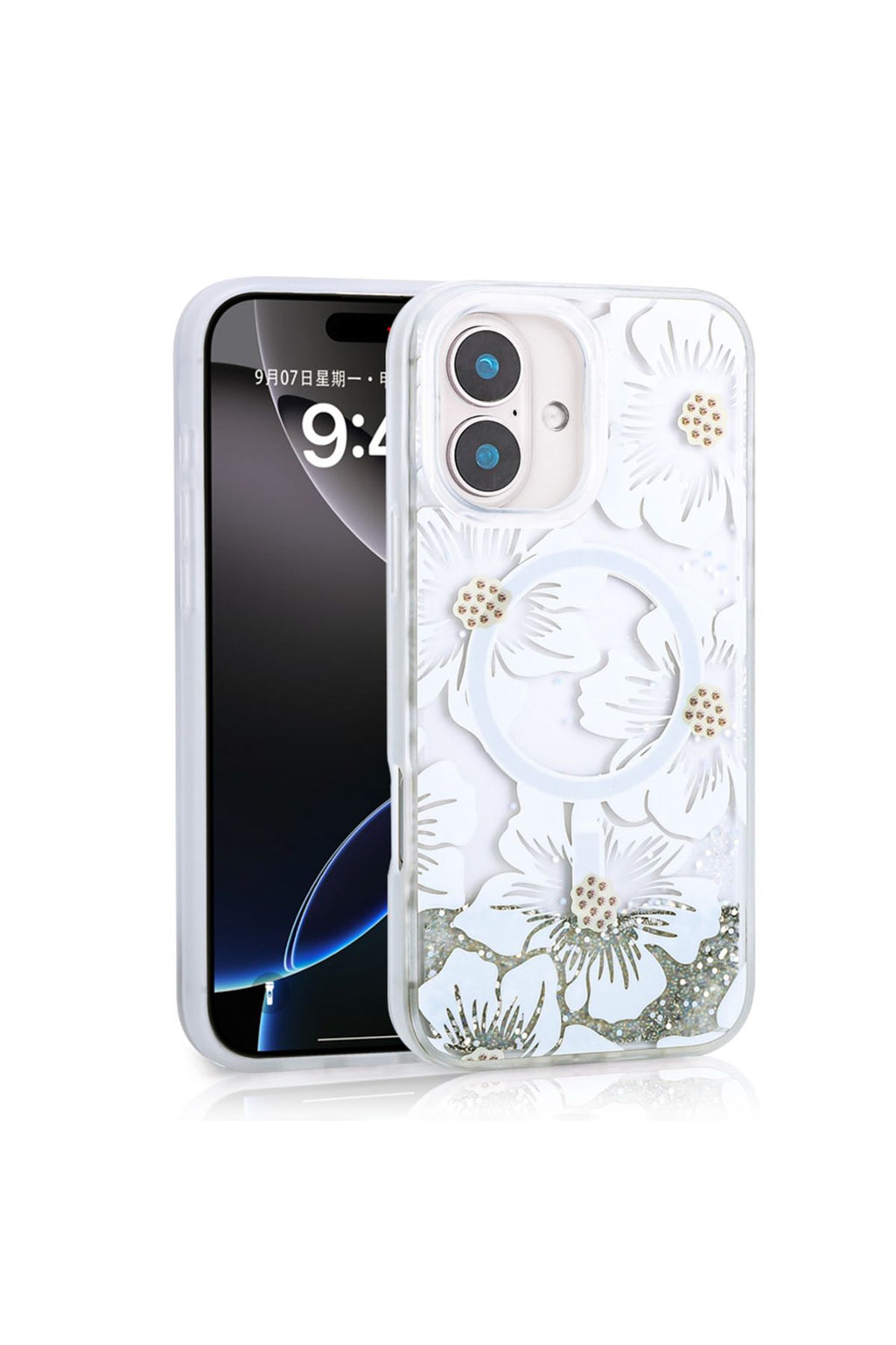 iPhone 16 Uyumlu Kılıf Sıvılı Simli Baskılı Şeffaf Arka Yüzey Zore Mossa Silikon Kapak-Siyah