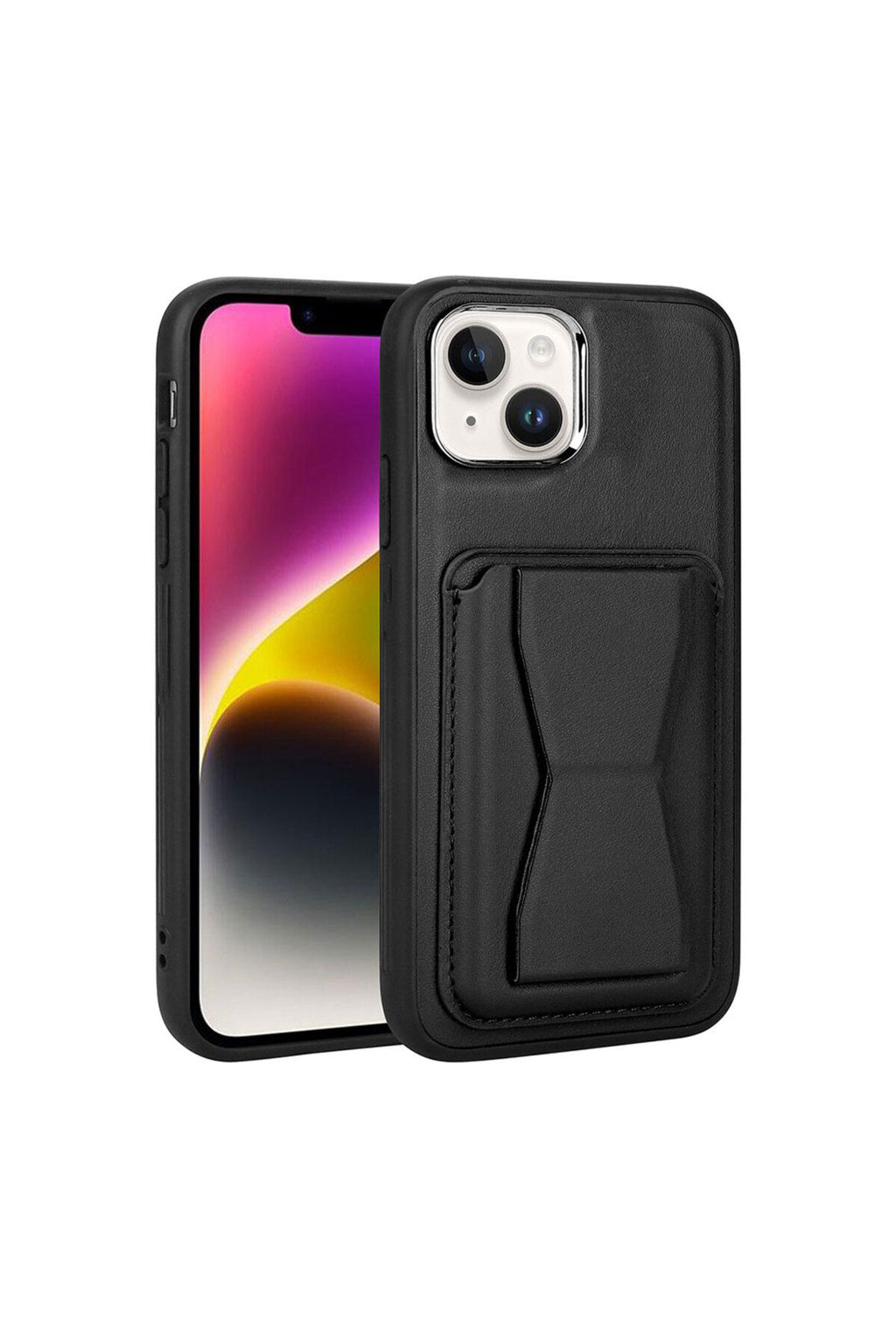 iPhone 14 Uyumlu Kartlıklı Standlı Pu Deri Zore Memo Kılıf-Siyah