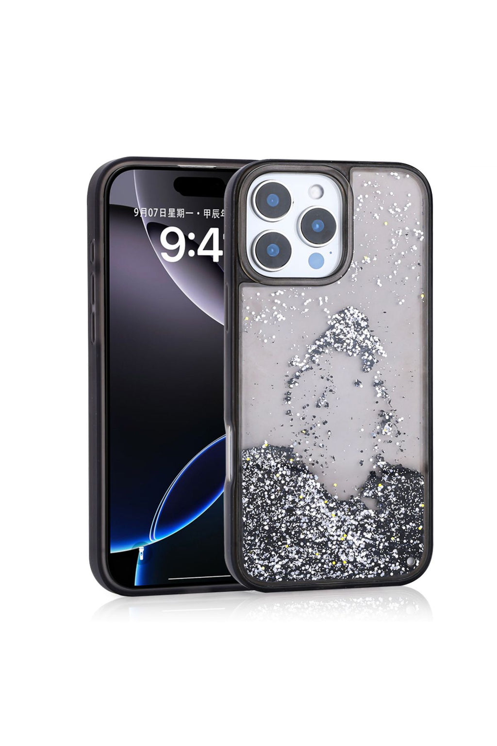 iPhone 15 Pro Max Kılıf Sıvılı Simli Şeffaf Arka Yüzey Zore Keto Silikon Kapak - Siyah