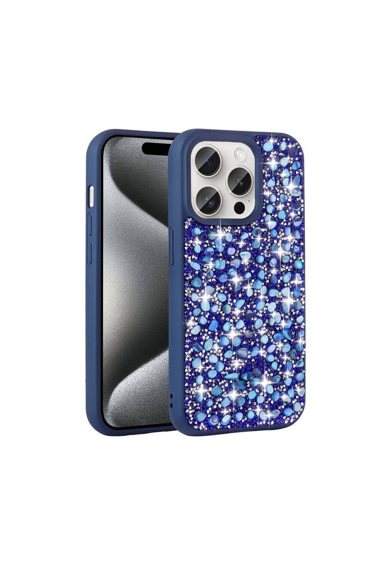 iPhone 15 Pro Max Kılıf Parlak Taşlı Tasarım Zore Linea Kapak - Lacivert
