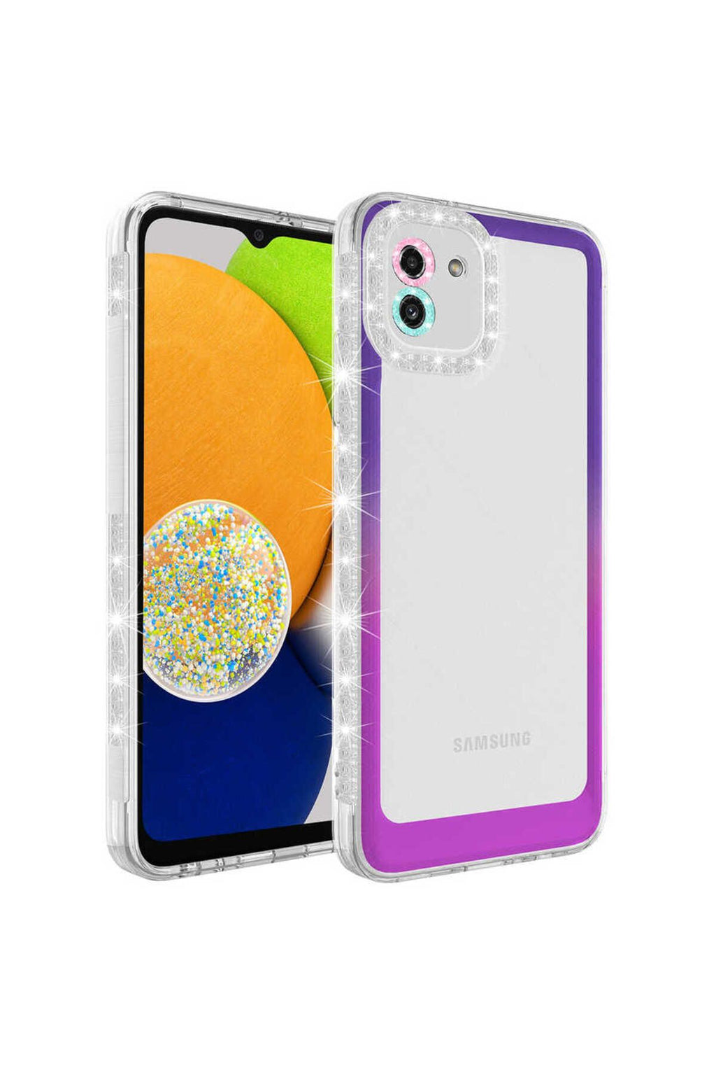 Galaxy A03 Kılıf Simli ve Renk Geçiş Tasarımlı Lens Korumalı AKAV Park Kapak - Mor-Pembe