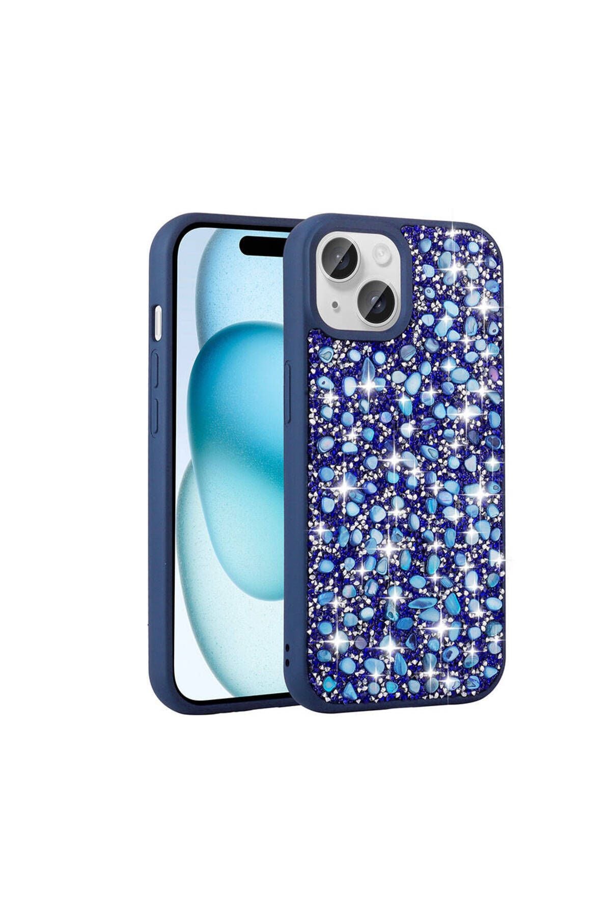 iPhone 15 Uyumlu Parlak Taşlı Tasarım CSM Zore Linea Kılıf-Lacivert
