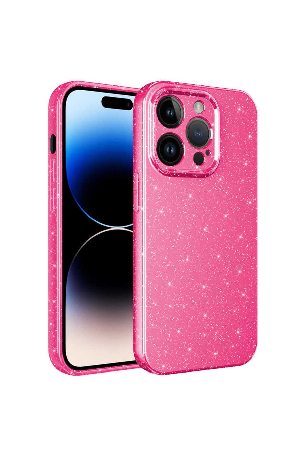 iPhone 14 Pro Uyumlu Kamera Korumalı Simli Lüks Zore Koton Kılıf-Pembe Koyu