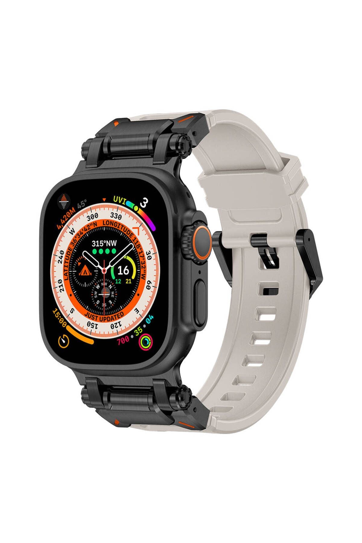 Watch Ultra 49mm CLO- KRD-101 Titanyum Metal Başlıklı Silikon Kordon-Siyah