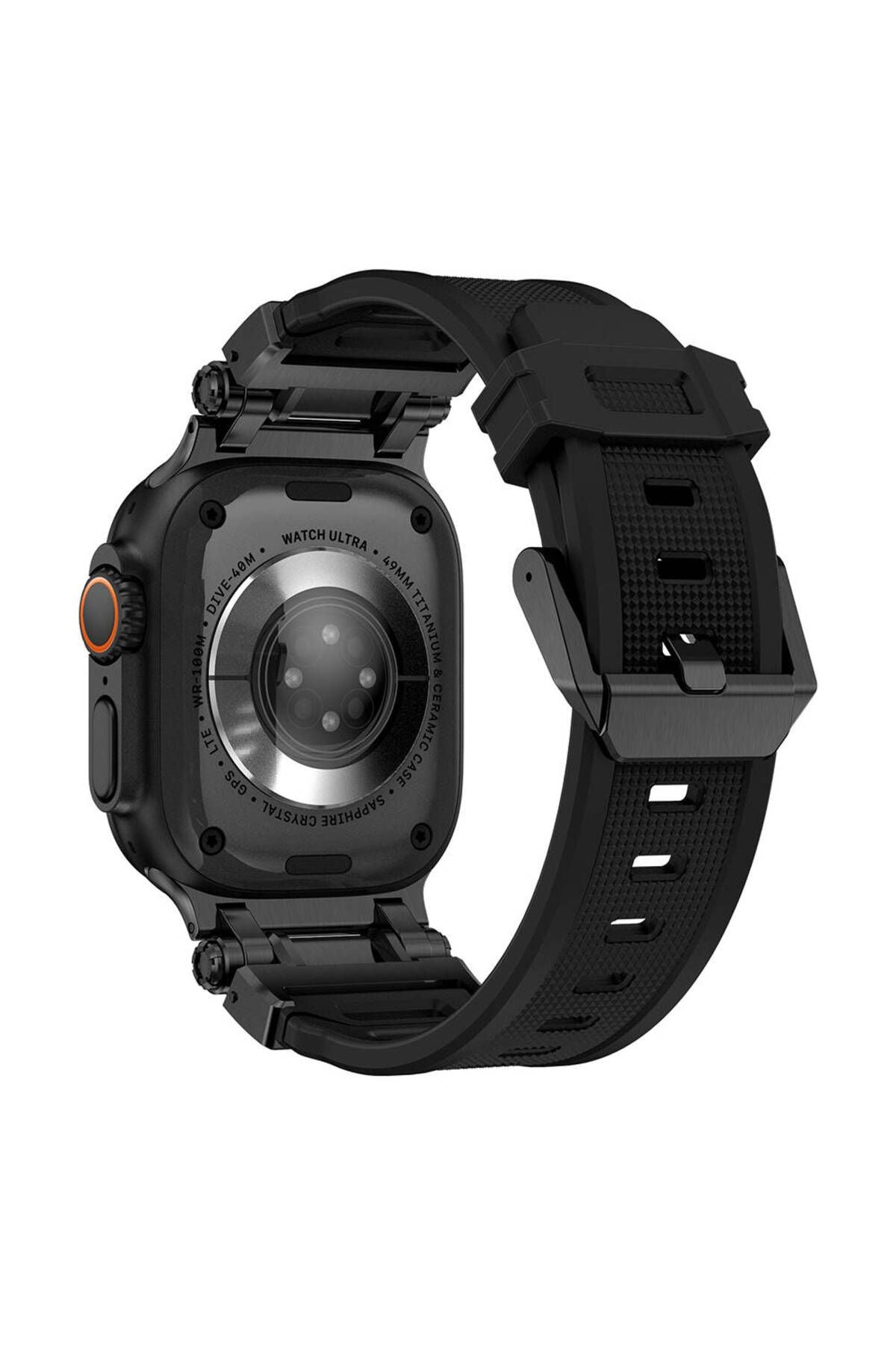 Watch Ultra 49mm CLO- KRD-101 Titanyum Metal Başlıklı Silikon Kordon-Siyah