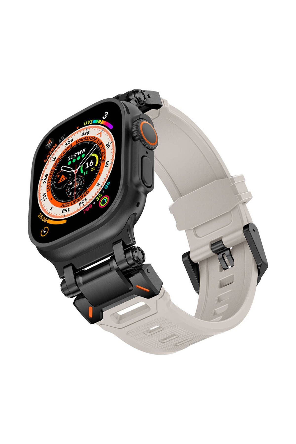 Watch Ultra 49mm CLO- KRD-101 Titanyum Metal Başlıklı Silikon Kordon-Siyah